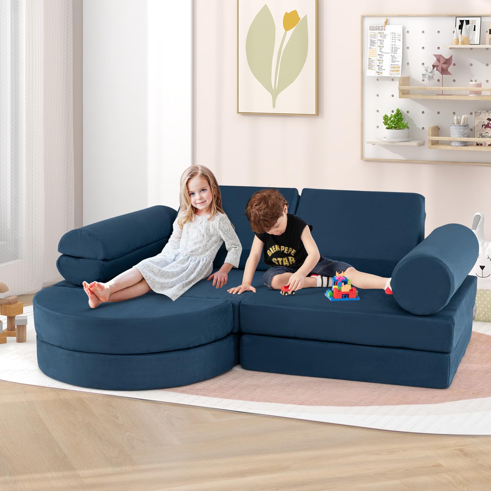 COSTWAY 14-częściowa modułowa sofa dziecięca, do zabawy z pianki, klocków, wspinaczki i raczkowania, rozkładana, do pokoju dziecięcego, pokoju zabaw (granatowa)