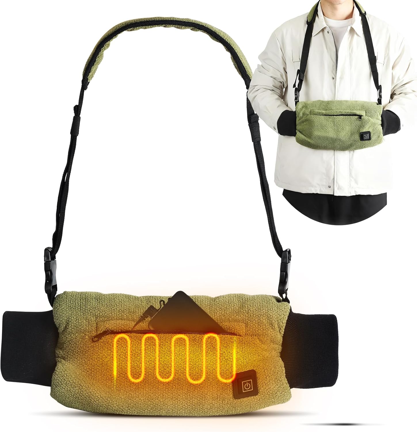 Electric Heated Hand Warmer Pouch with Zipped Pocket and Adjustable Strap, Ideal for Men and Women in Cold（5V Battery Pack Included）