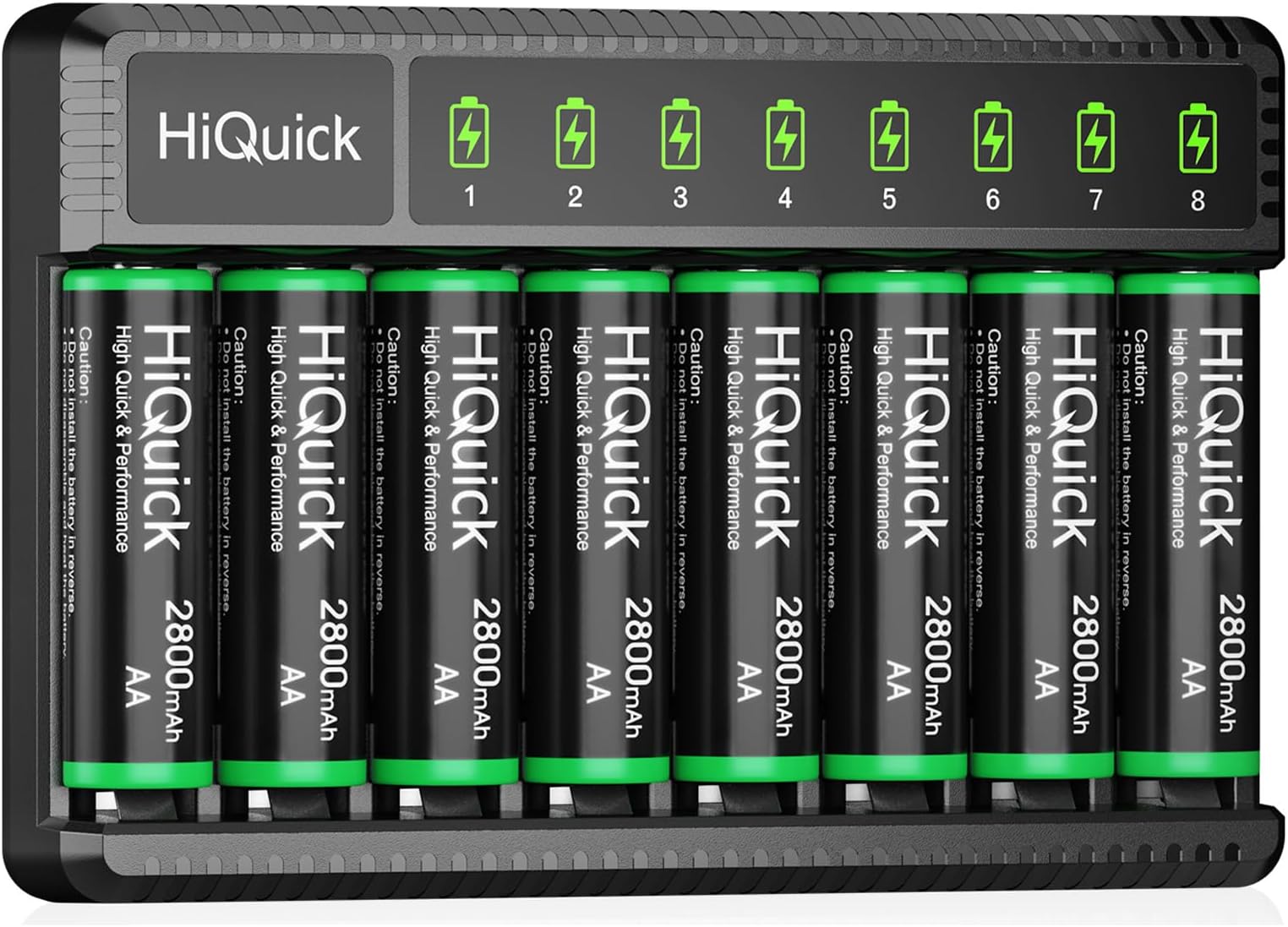Rechargeable AA Batteries with Charger, HiQuick 2800mAh High Capacity Double A Batteries 8 Counts with 8 Bay AA AAA Smart Battery Charger for Ni-MH Ni-CD, Fast Charging