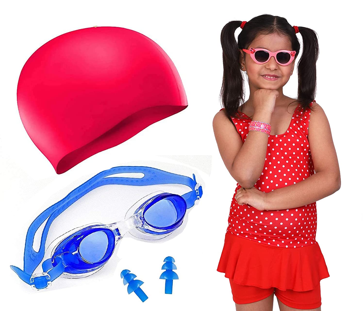SportsFitt Swimming Costume for Girls with Cap Goggles Ear Plug Swimming Kit (Red, 7y- 8y) (B07TW5YNJR) Amazon Price History, Amazon Price Tracker