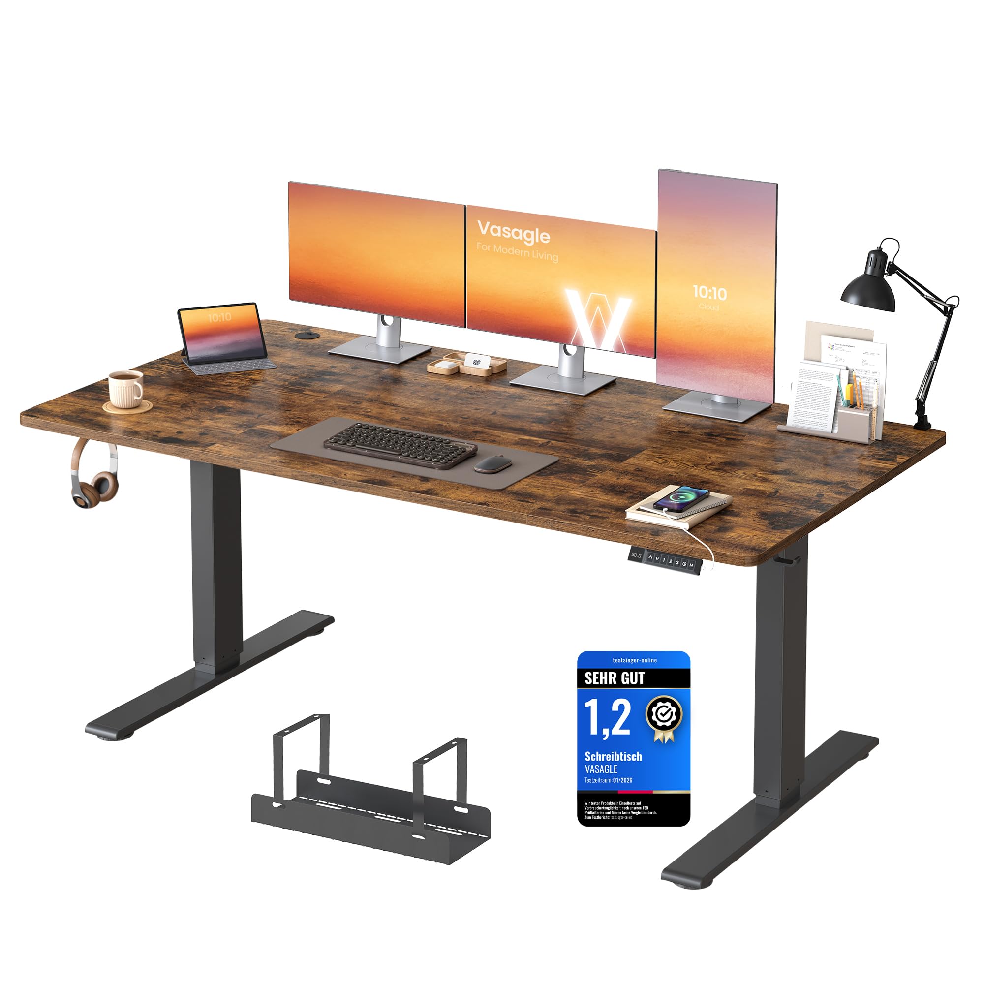 VASAGLE Höhenverstellbarer Schreibtisch, 160 x 80 cm, USB-C-Anschluss, Ablage für Steckdosenleiste, Stehtisch, Erinnerung bei langem Sitzen, 3 Speichertasten, für Büro, vintagebraun LSD146KD02