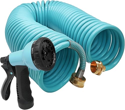 Manguera de jardín de 50 pies, manguera retráctil de agua rizada de EVA, conectores de latón, incluye pulverizador de función de 8 patrones, bobina