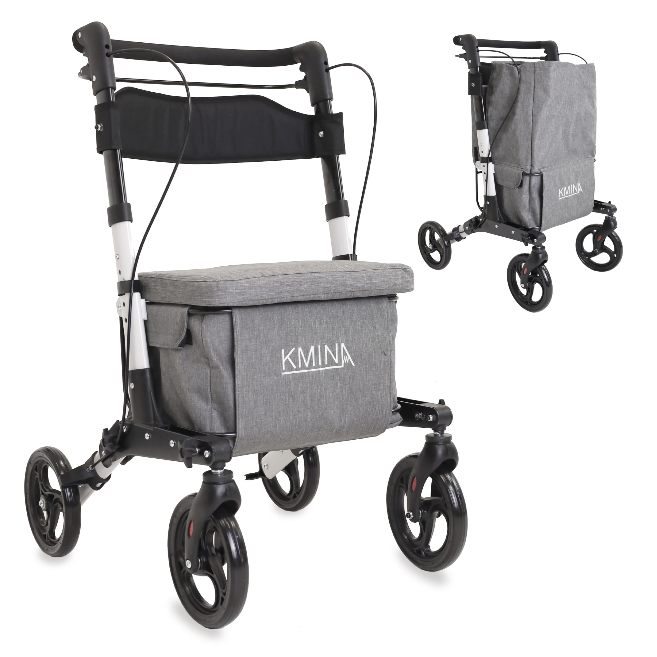 KMINA Carrello Spesa con Seduta, Deambulatore Anziani Pieghevole, Grigio | Schienale e Borsa Espandibile fino a 60 L, 4 Ruote Girevoli, Freno a Leva Singola, Altezza Regolabile, Alluminio
