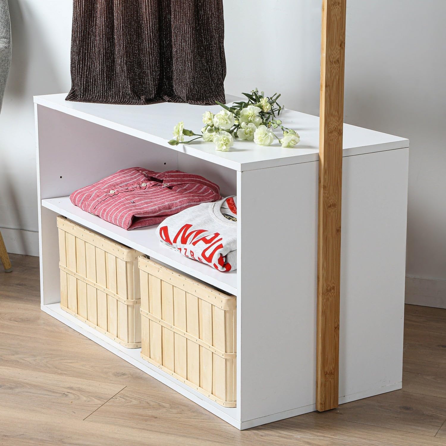 Drewniana szafa z półkami - bambus - wieszak na ubrania - przechowywanie butów - 2 pudełka - Biały i drewniany - Szafka wejściowa - sypialnia - 90 x 40 x H171 cm