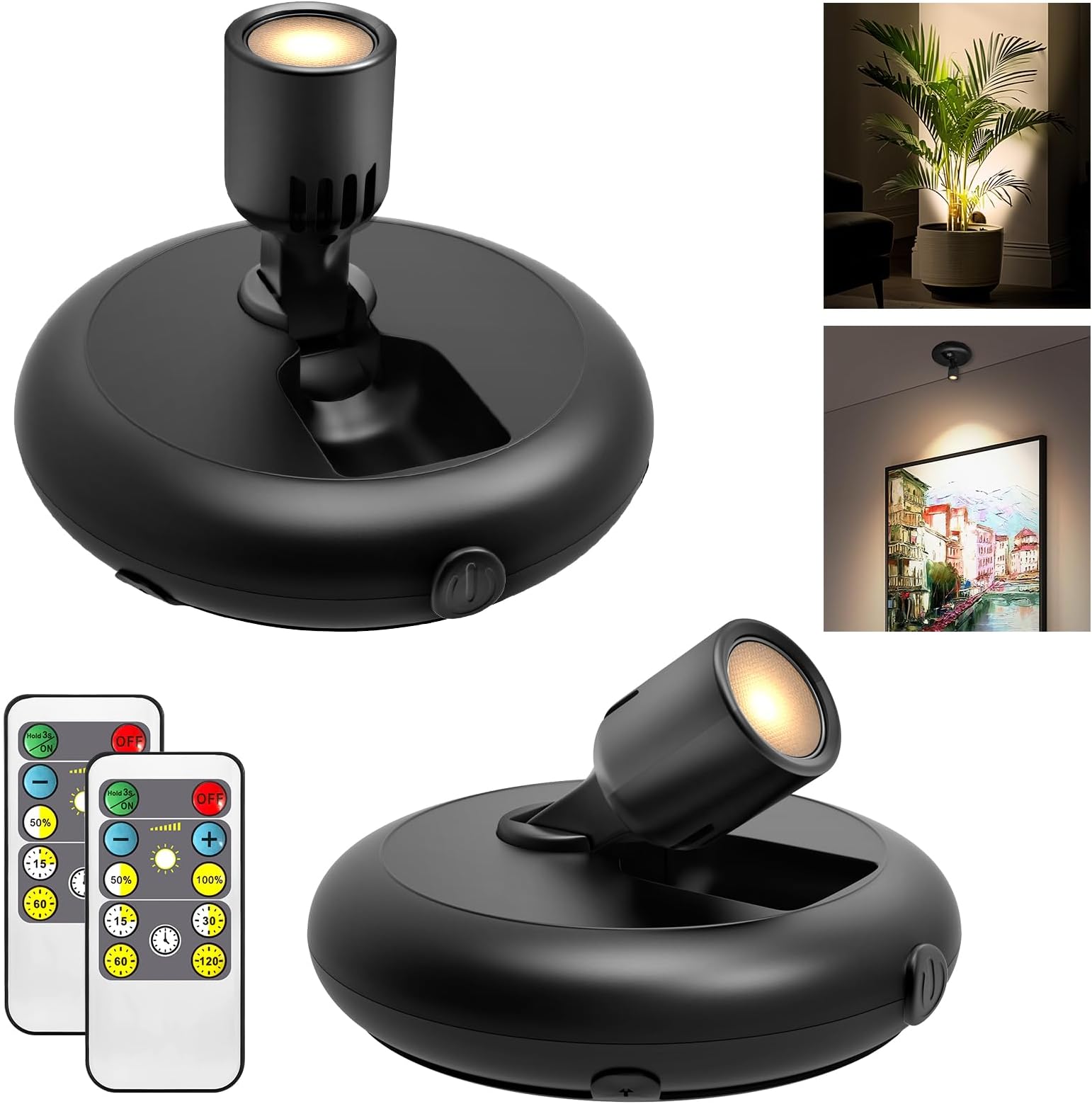 Wireless Led Spot light Battery Operated with Remote ,Up Light for Plants ,Down Light for Picture on Wall, Dimmable Timer Mini Accent SpotLight Painting Light for Trees Frame Dartboard Gallery Cabinet