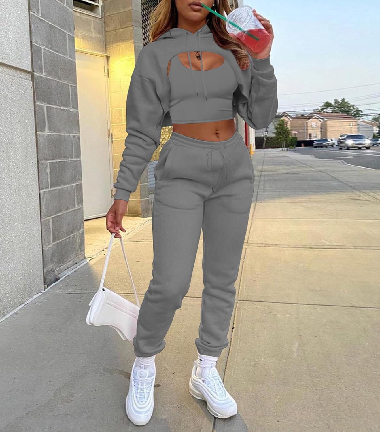 Adogirl Women 3 Piece Outfits Tracksuits Set Sexy Long Sleeve Pullover Hoodie Tank Crop Tops Jogger Sweatpants Sweatsuits - Image 2