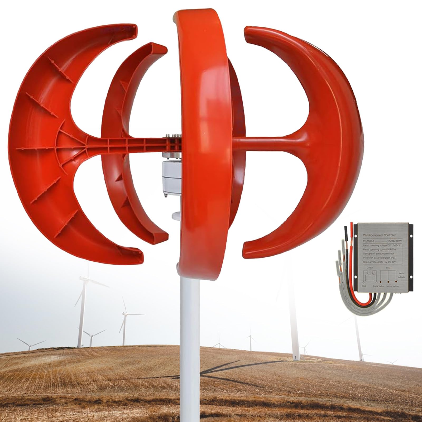 Generatore Eolico Verticale A 5 Pale con Design A Lanterna, 600 W - Regolatore Di Velocità Regolabile, 24 V, Energia Rinnovabile Ecologica per Casa, Barca, Camper, Chalet - Soluzione Efficie
