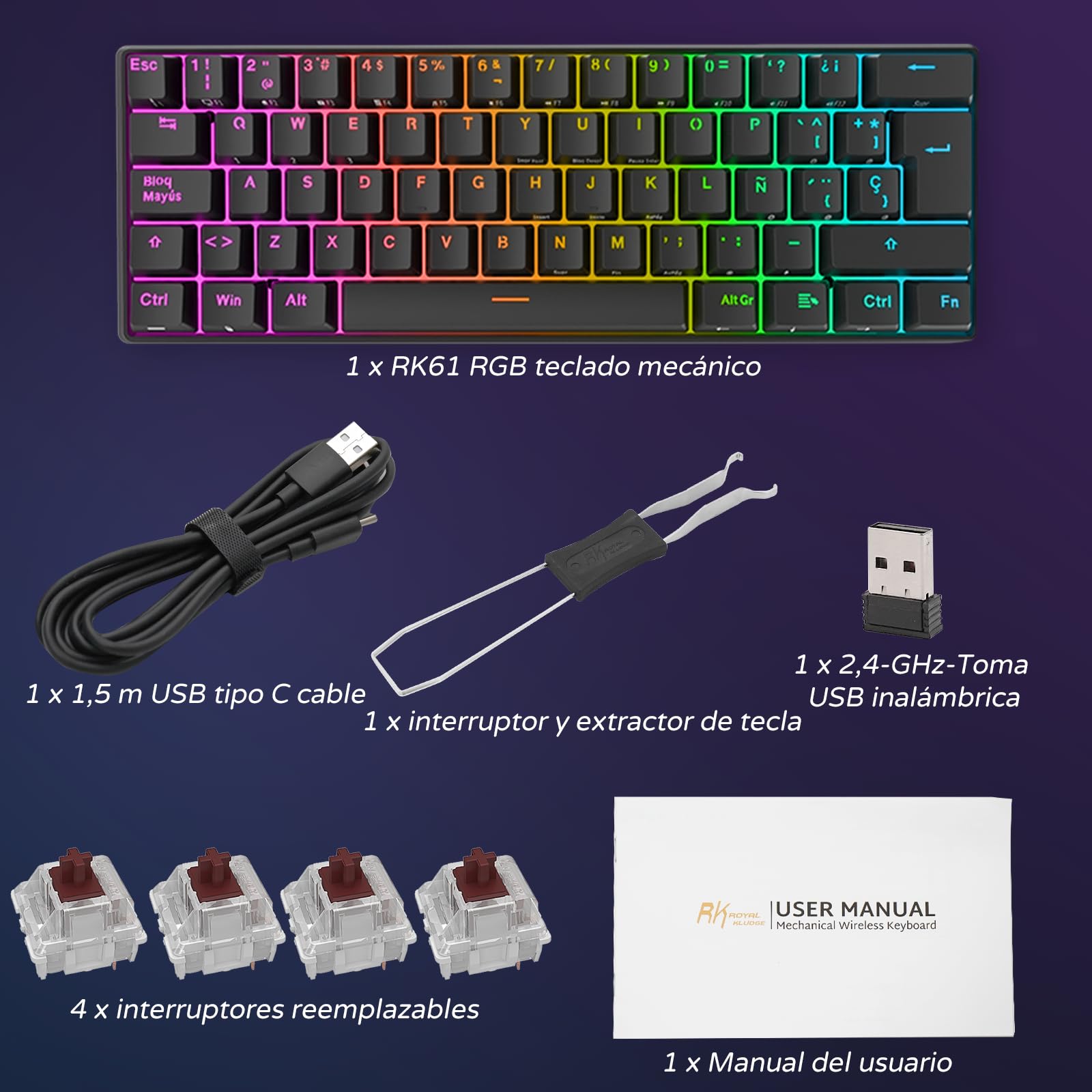 RK ROYAL KLUDGE RK61 Teclado Inalambrico, Español Teclado Mecánico Gaming 60% RGB Bluetooth/USB-C/2.4Ghz Interruptor Rojo Hot Swap Compatible con MacBook/iPad/iOS/Mac OX/Windows PC Tableta, Negro