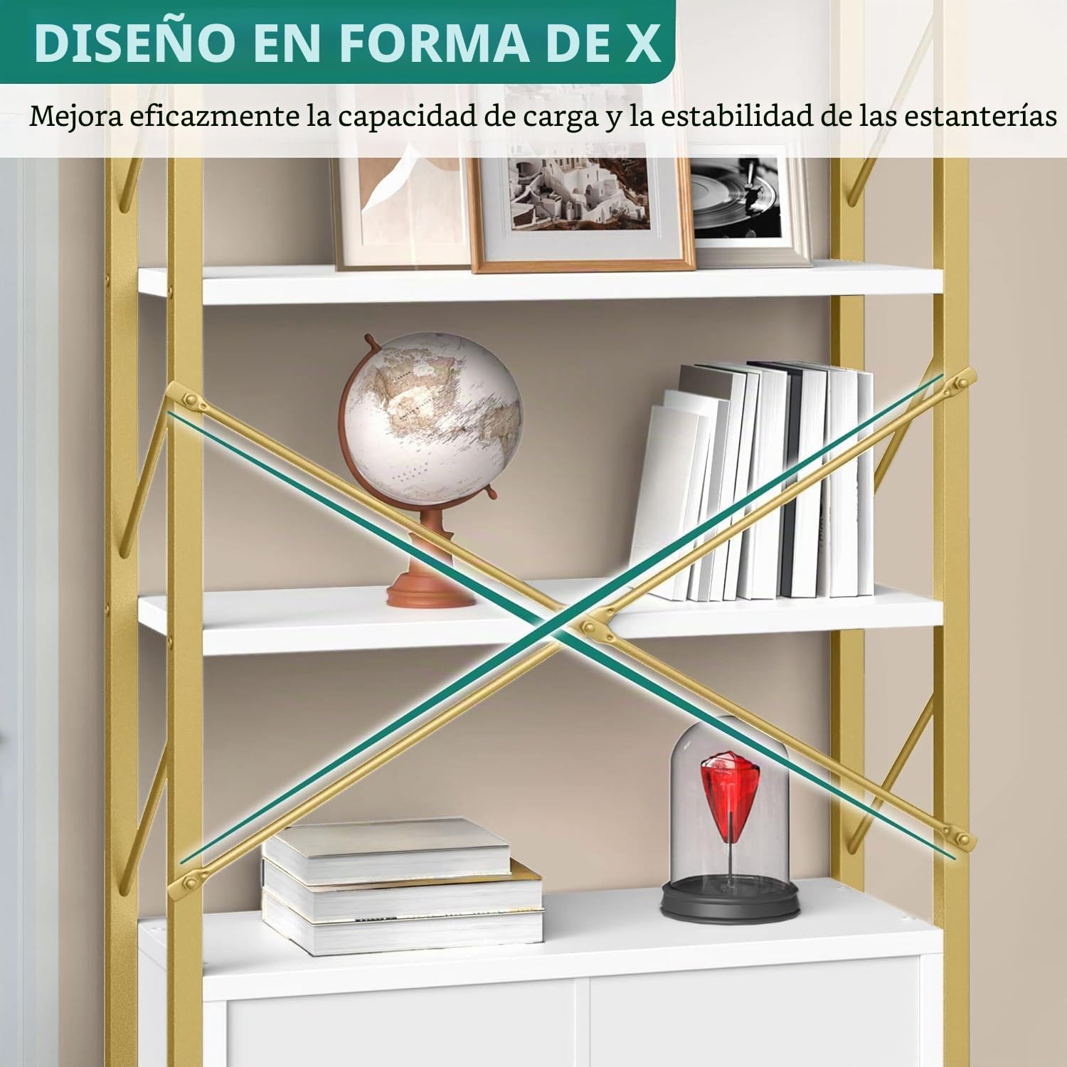 YITAHOME Estantería con Armario de Almacenamiento, Estante de 5 Niveles con Puertas para Dormitorio, Sala de Estar, Oficina, Blanco y Dorado