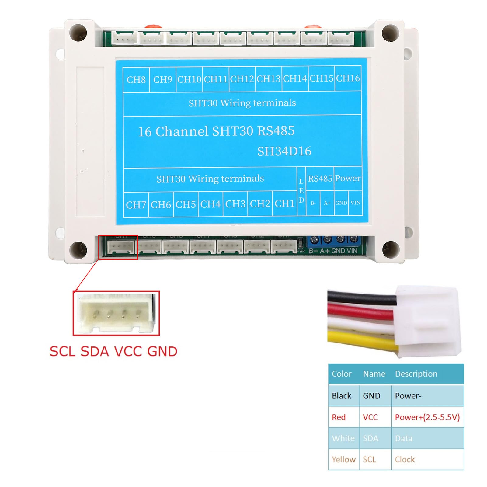 Módulo de Sensor de Humedad y Temperatura Tablero de Control de colector de 16 Canales Componente electrónico RTU DC 8~30V para medición de Temperatura Interior y Exterior