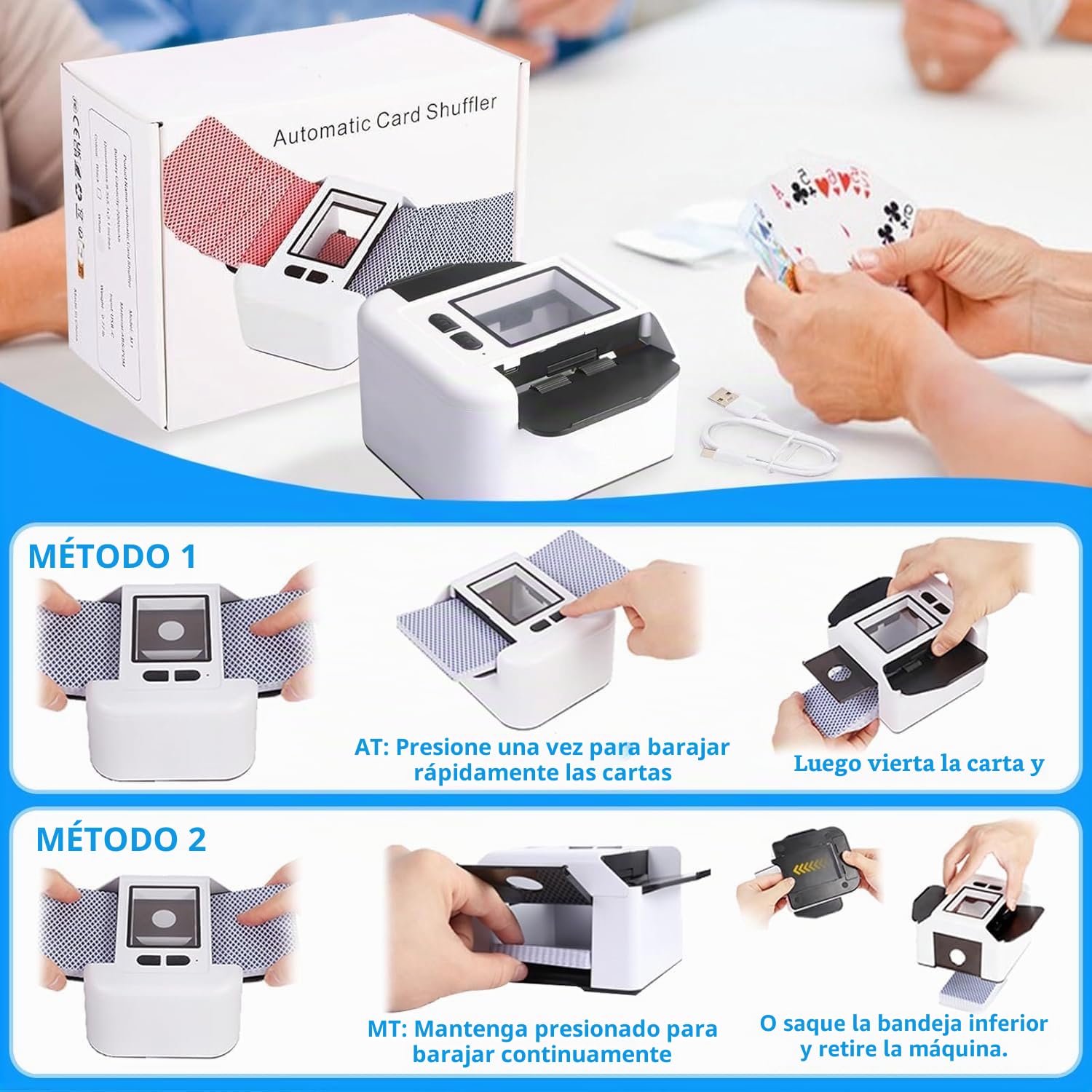 Barajador de Cartas Automático, Barajador Eléctrico para 1-2 Barajas, Modo Automático y Manual, Recargable 2000 mAh, Portátil y Silencioso, para Póker, UNO, Blackjack, Skip-BO