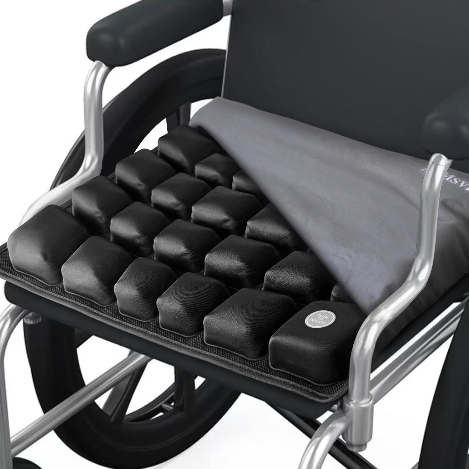 ANMSVI Air Inflatable Seat Cushion for Wheelchair, Car, Office, Home Living, Adjustable Firmness for Coccyx, Sciatica Pain Relief, Tailbone Pain Relief, 46x 41x 5.3cm whit Grey Cover