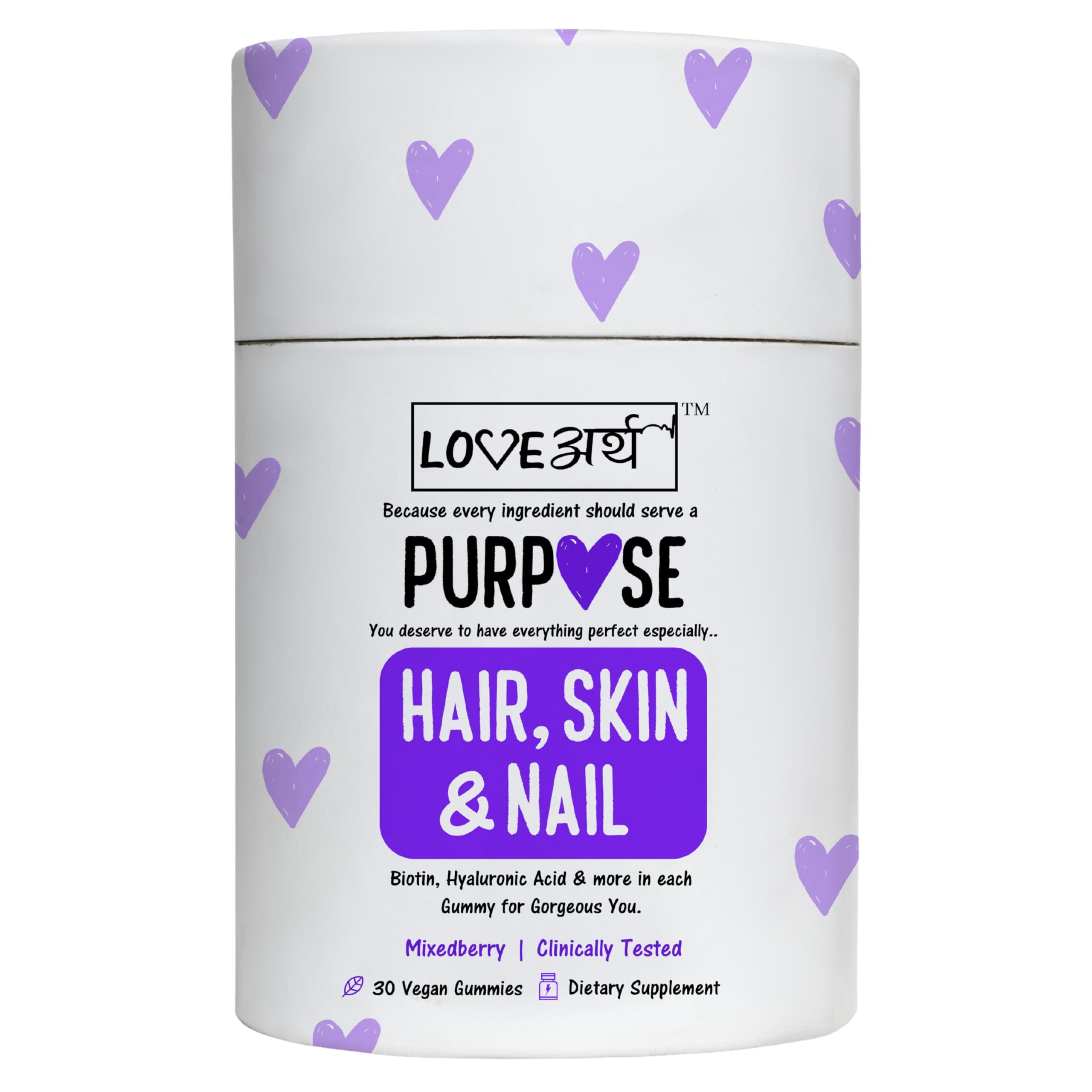 LoveArth Hair, Skin & Nail Gummies- Biotin, Hyaluronic Acid & Multivitamins for Gorgeous Hair | No Added Sugar 30 Purpose Gummies