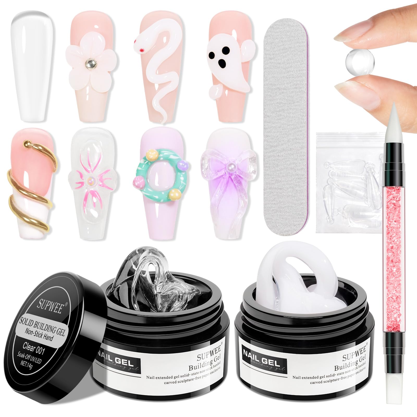 SUPWEE 3D Nail Art Gel Clear and White Solid Builder Gel for Nails Non-Stick Hand Sculpture Hard Gels with Dual Form for Carving Patterns Decoration Nail Art Home Manicure DIY for Women