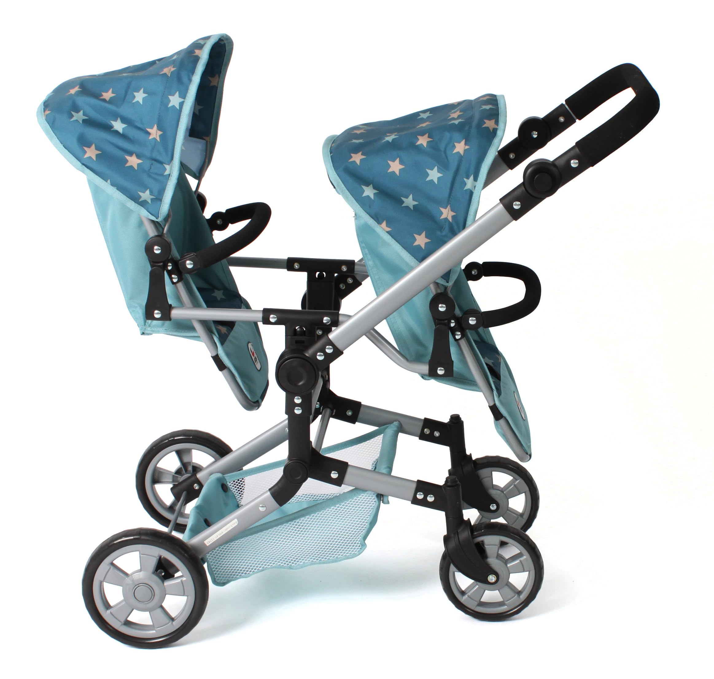 Bayer Chic 2000® Wózek dla lalek Linus Duo – gwiazdka turkusowa – składany wózek dla lalek bliźniaczych – regulowany uchwyt 50-82 cm – lalki do 50 cm – 4-8 J.