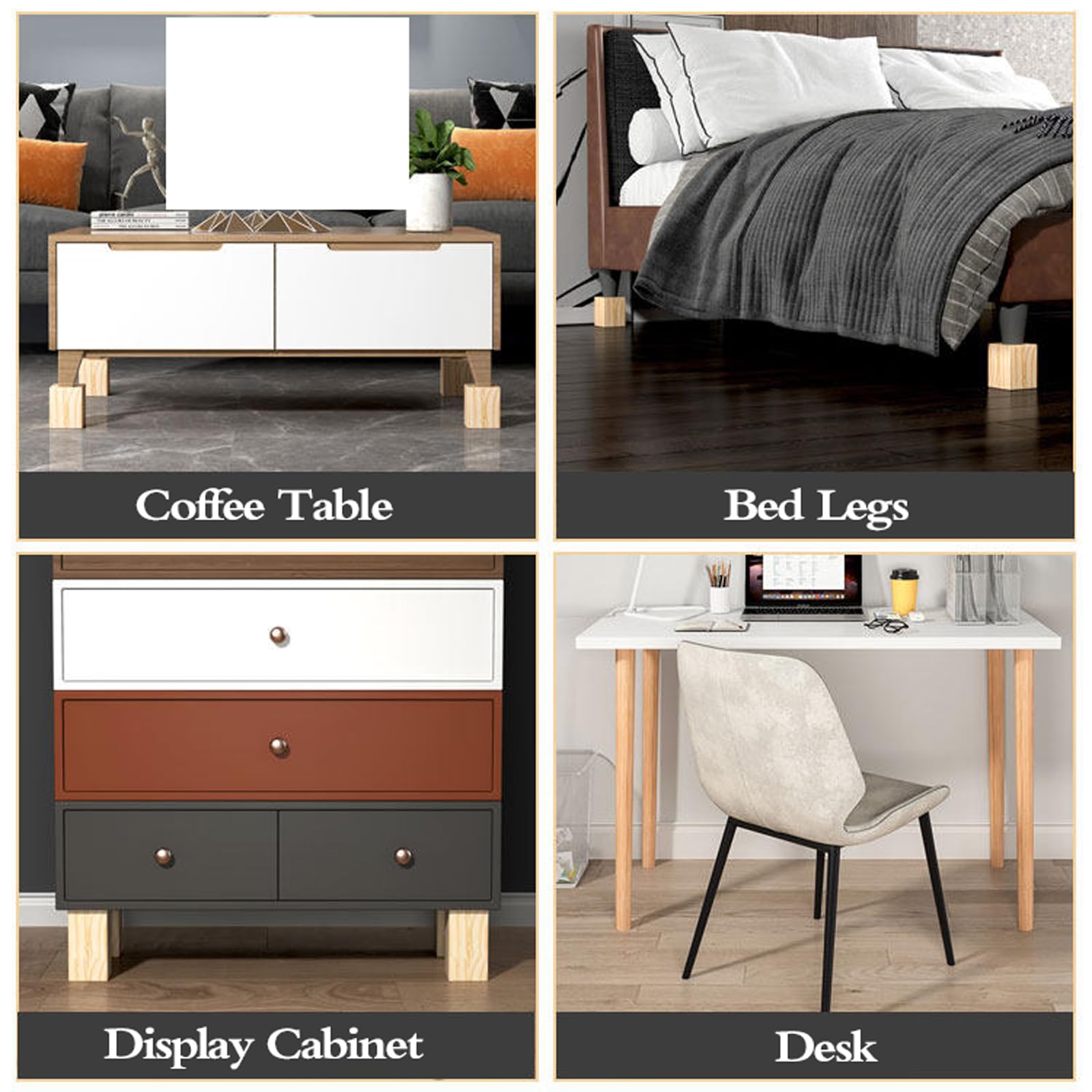4 Piezas Elevadores de Muebles de Madera,Maciza Elevadores de Mesa y Silla Altura,Elevadores de Muebles Cuadrados Maciza,Agrega 3-20 cm de Altura,para Cama,sofá,sillón,Armario