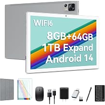 Qukenk 2025 Latest Android 14 Tablet WIFI6 Large Storage 8GB RAM 4+4 Virtual + 64GB ROM+512GB, Octa-Core 2 in 1 Tablet with Keyboard, 7000mAh Tablets 10.1 Inch Screen, Bluetooth/Case/Mouse