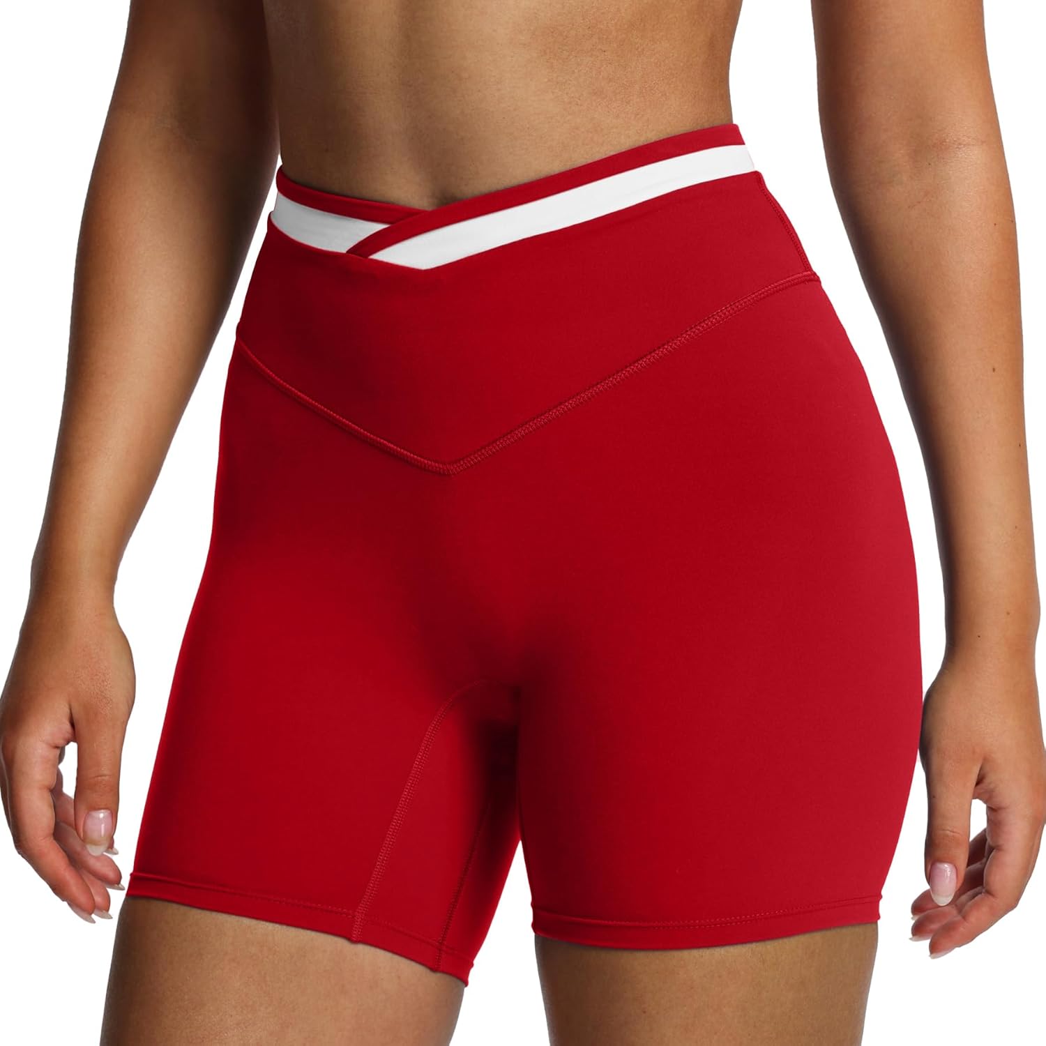 Aoxjox Velma Workout Biker Shorts for Women Color Block Cross-Waist High Waisted Exercise Gym Running Yoga Short 6"