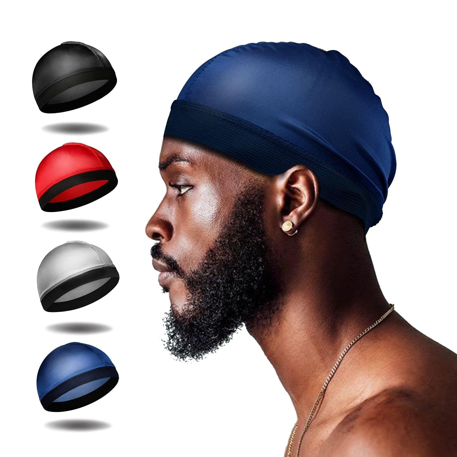 Selalu 4Pcs Wave Cap, Silk Stocking Wave Caps for 360 Waves, Silky Durag for Men, Stain Caps (2*Blue 2*Black)