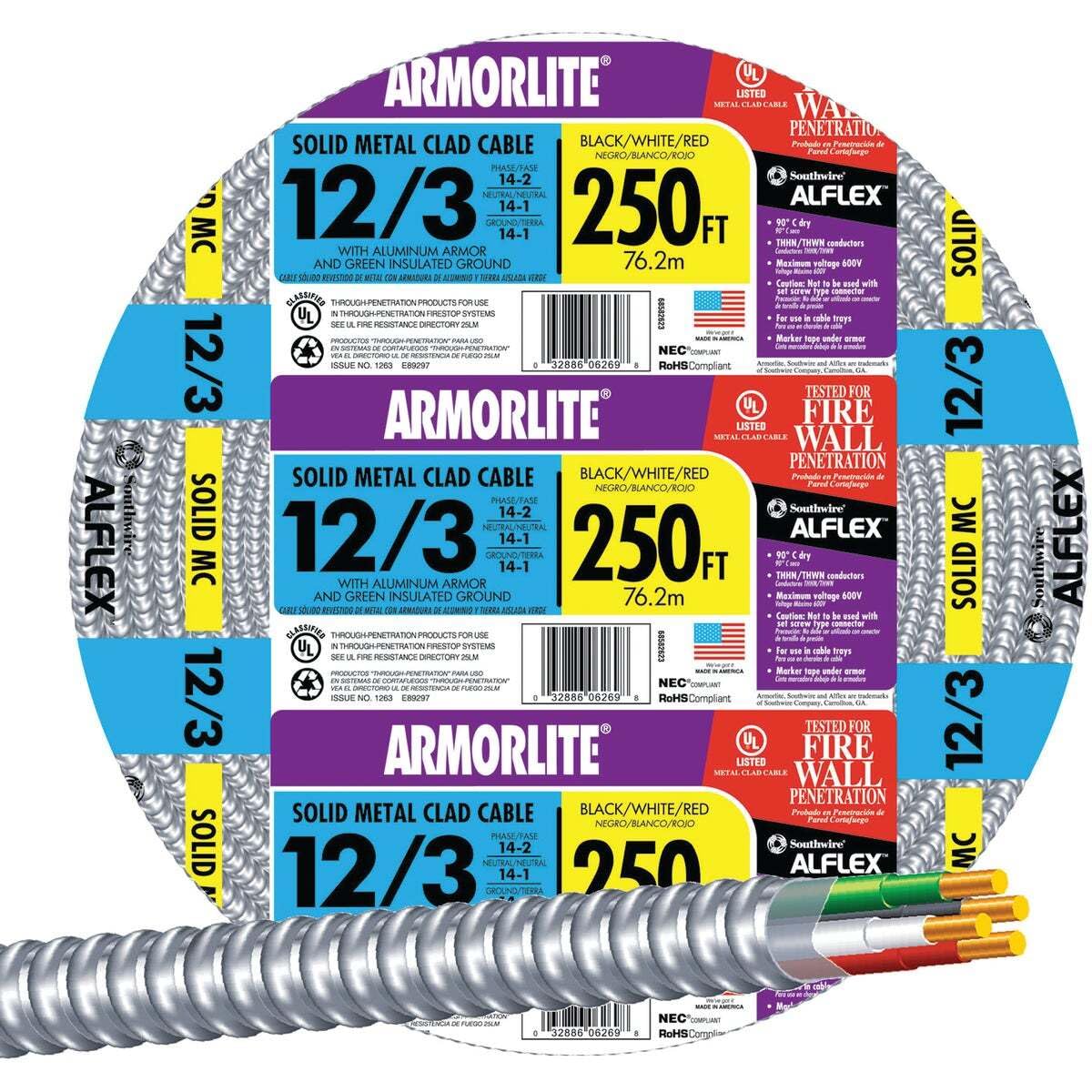 Armor lite Type Mc Aluminum Armored Cable, 12/3, 600 Volts, 250 Ft