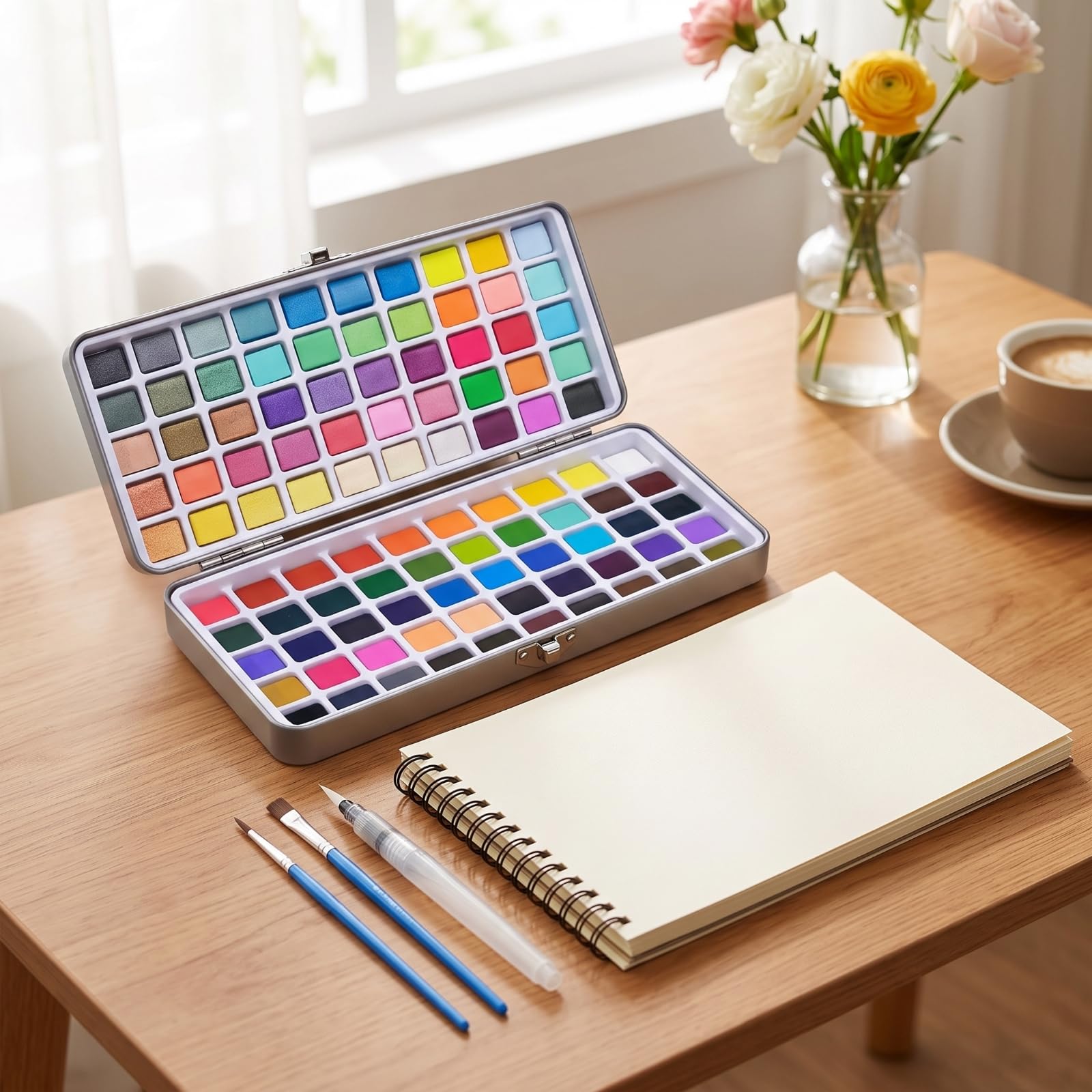 Solid Aquarellfarben set Aquarellpalette Farbnäpfe Mischplatte Wasserpinsel Kompaktes Metall Etui Sichere Aufbewahrung für Skizzieren Unterwegs Malkurs Heimprojekte