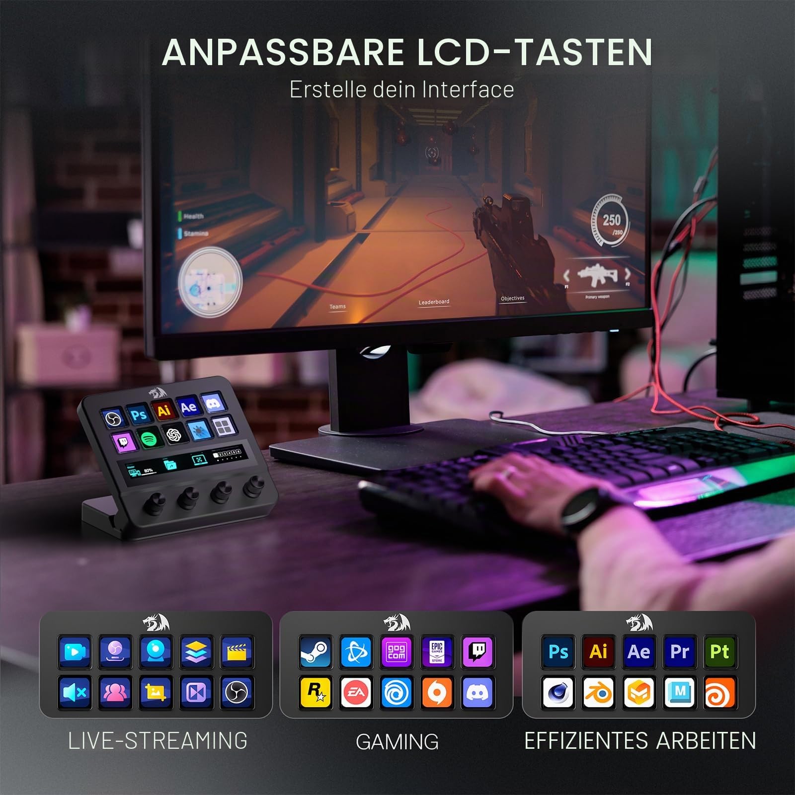 Redragon SS552 Stream Controller Makro Pad Touch Streifen LCD Tasten | Drehregler Stream Station Content Creator Streaming Gaming Kompatibel PC Mac Anpassbar