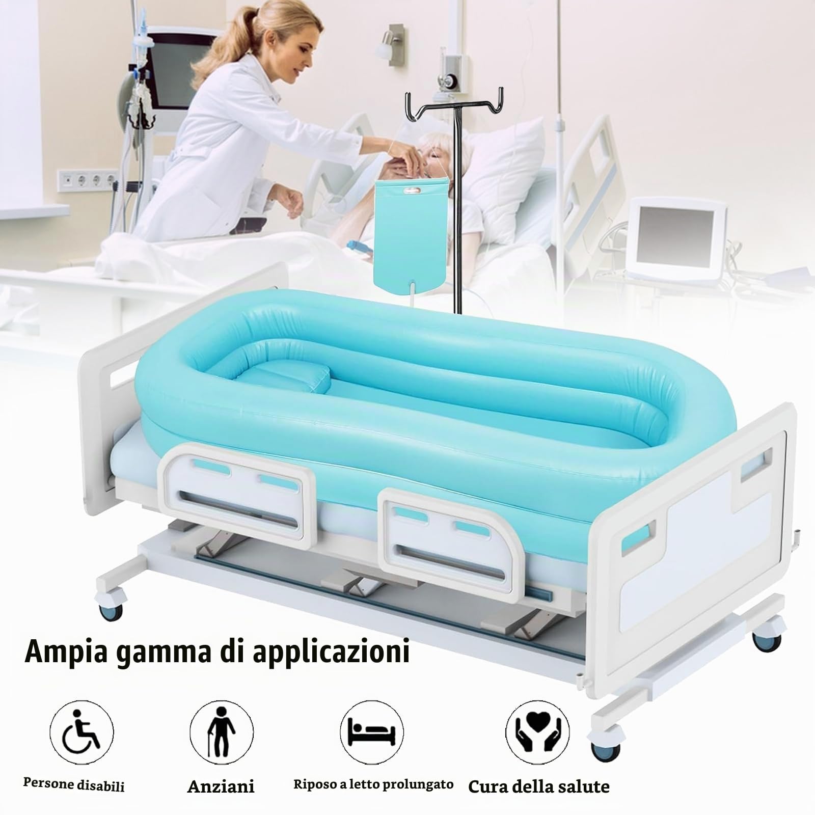 Vasca per Doccia, Vasca da Bagno Gonfiabile, Set Vasca da Bagno Doccia Gonfiabile Medica, Sistema Doccia Portatile sul Comodino, Sistema Doccia con Pompa per Anziani/Disabili/Costretti a Letto