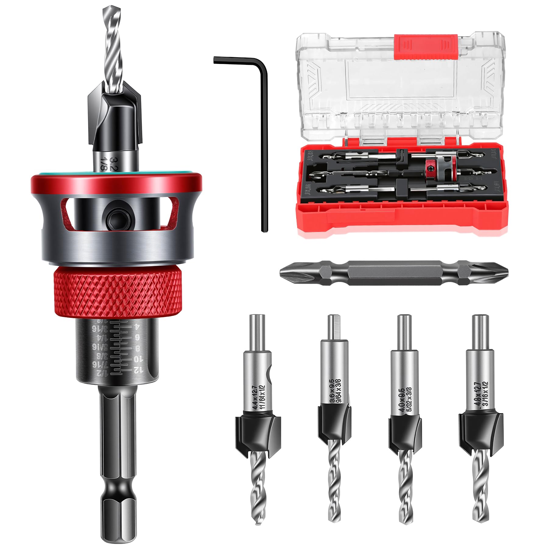 Lot de 5 forets à fraiser à bois TCT et fraise HSS-M2 avec tige hexagonale 1/4", clé L, embout S2 PH2, fraise avec butée de profondeur, idéal pour le travail du bois