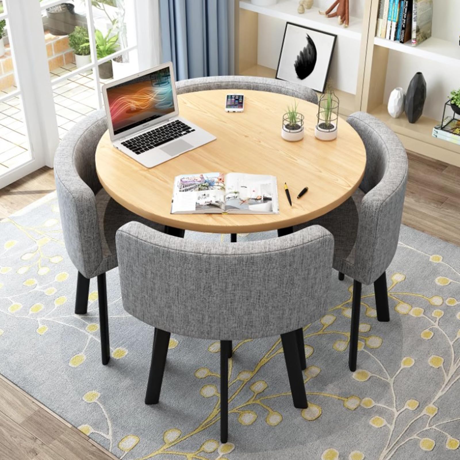 Small Dining Table Set, Round Dining Table and Chairs Set 4, Office Reception Room Club Table and Chair Set, Space-Saving Small Meeting Room Table for Home Living Room Balcony Cafe Break Roo