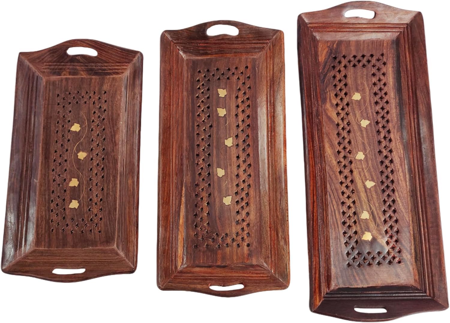 Lot de 3 plateaux de service rectangulaires en bois d'acacia avec poignées et 2 tasses pour petit déjeuner au lit, déjeuner, dîner, terrasse, ottoman, table basse, décoration d'intérieur.