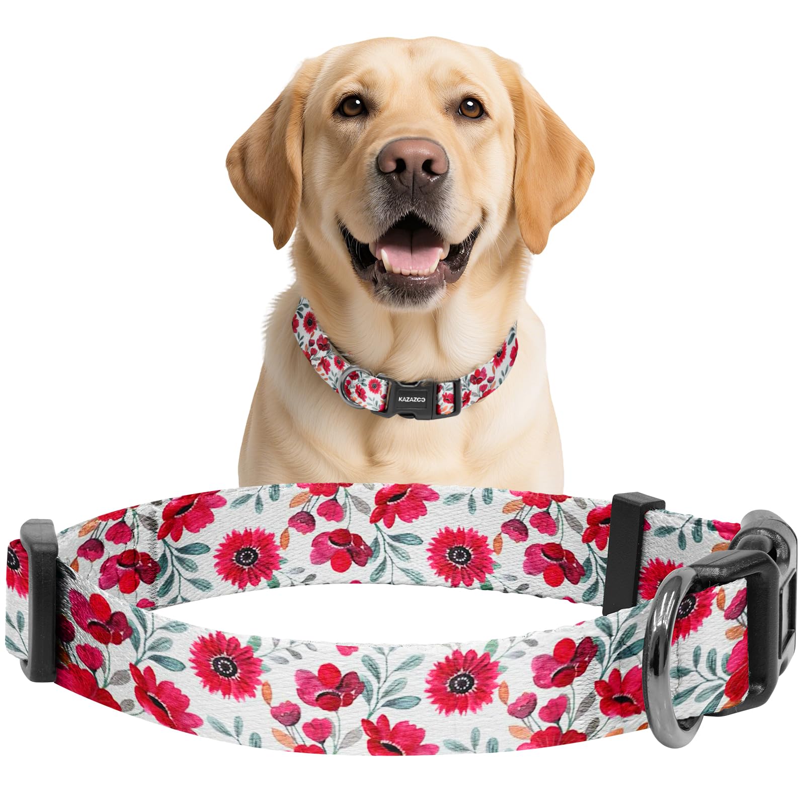 Kazazoo Dog Collar Cute and Soft Nylon Puppy Collar for Boy and Girl Dogs, Adjustable Dog Collars for Medium Dogs, Red Flowers-L
