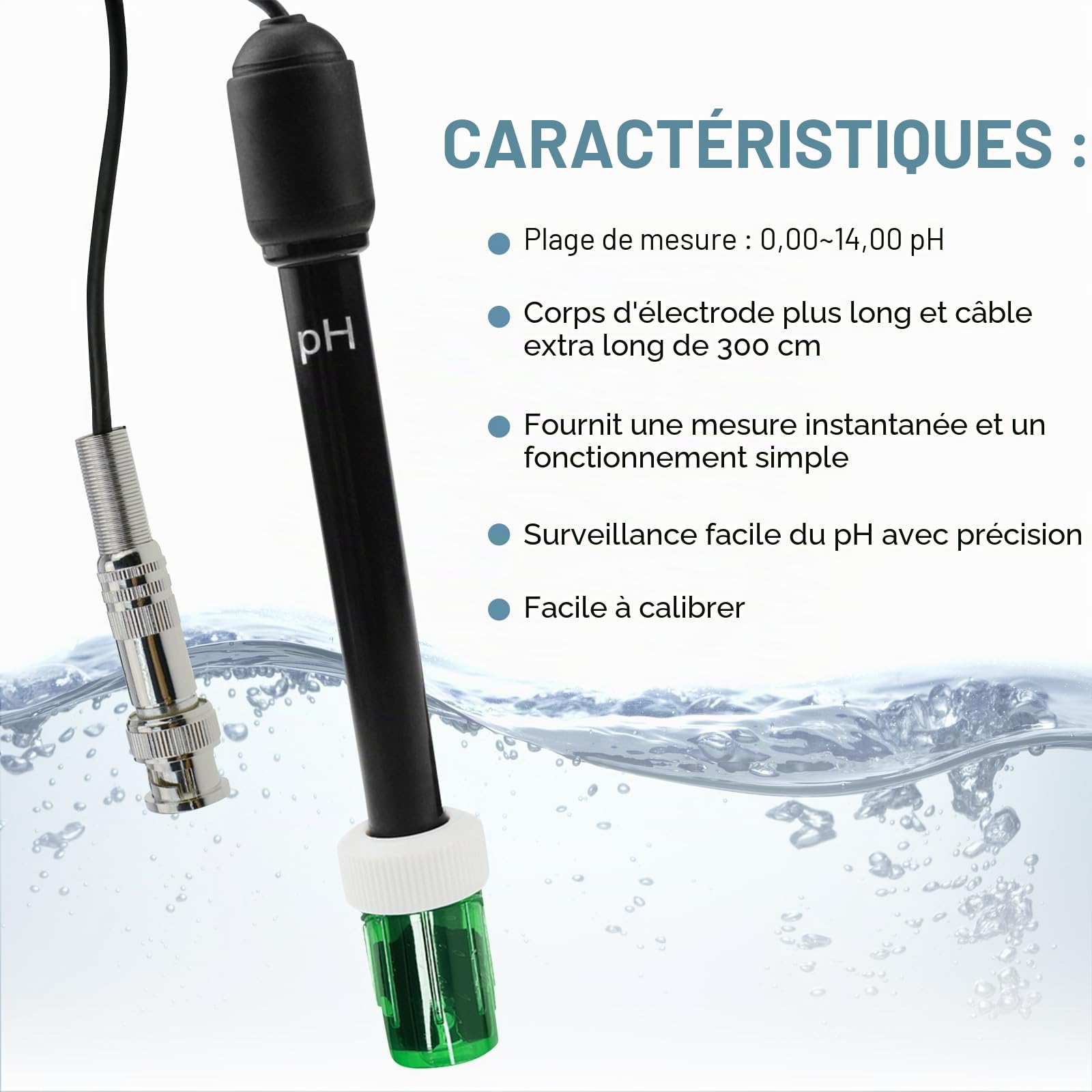 0-14 pH 300cm 3000mm 118in Remplacement BNC Électrode Sonde Connecteur Câble Capteur pour ph Moniteur Contrôleur Testeur Mètre Kit Ensemble Aquarium Hydroponique Plante Piscine Spa