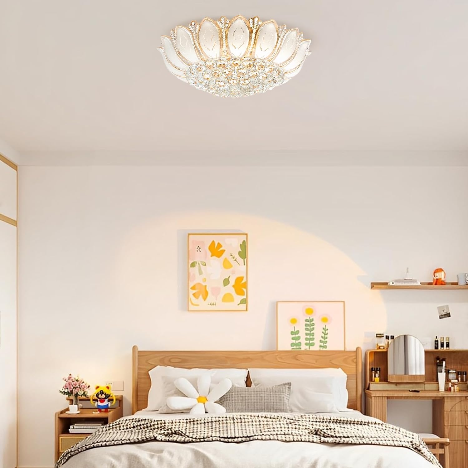 7 Head Crystal Chandelier, Gold K9 Crystal Lotus Shape Lamp Modern Luxury Lighting Fixture LED Chandelier Light Pendant Ceiling Fixture for Living Room, Dining Room, Hotel (Remote Control)