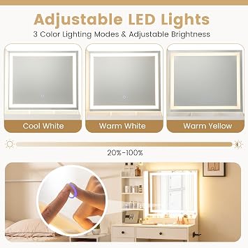COSTWAY Dressing Table with LED Mirror and Stool, Makeup Table Vanity Desk with Charging Station, 3-Color Lights, Drawers, Cabinet & Storage Shelves, Wooden Bedroom Cosmetics Dresser, White
