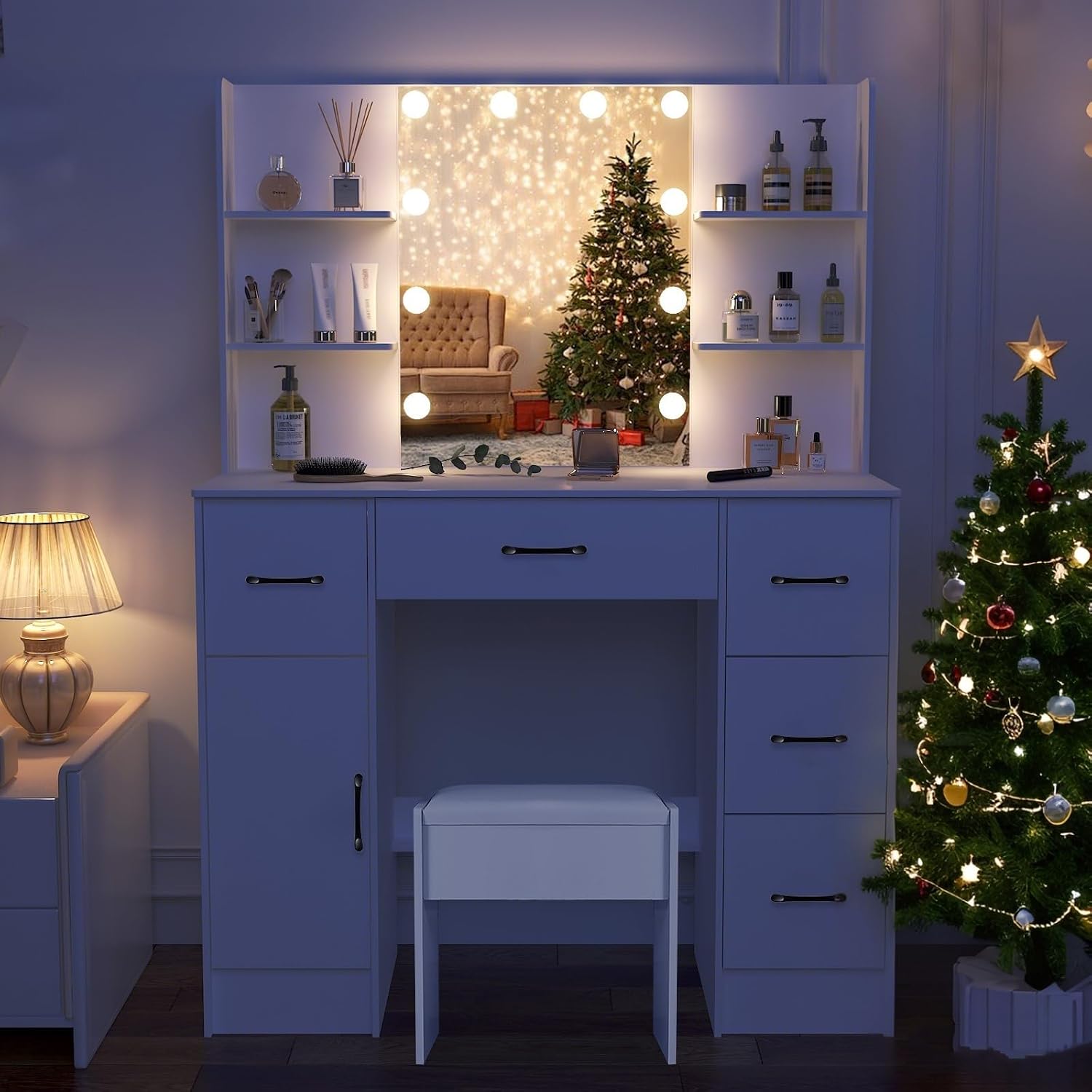 Large White Vanity Desk with Mirror,Makeup Vanity with 1 Stool 5 Drawers 6 Shelves & LED Mirror,3 Modes Light Adjustable,39.5" L*15.8" W*55.2" H.