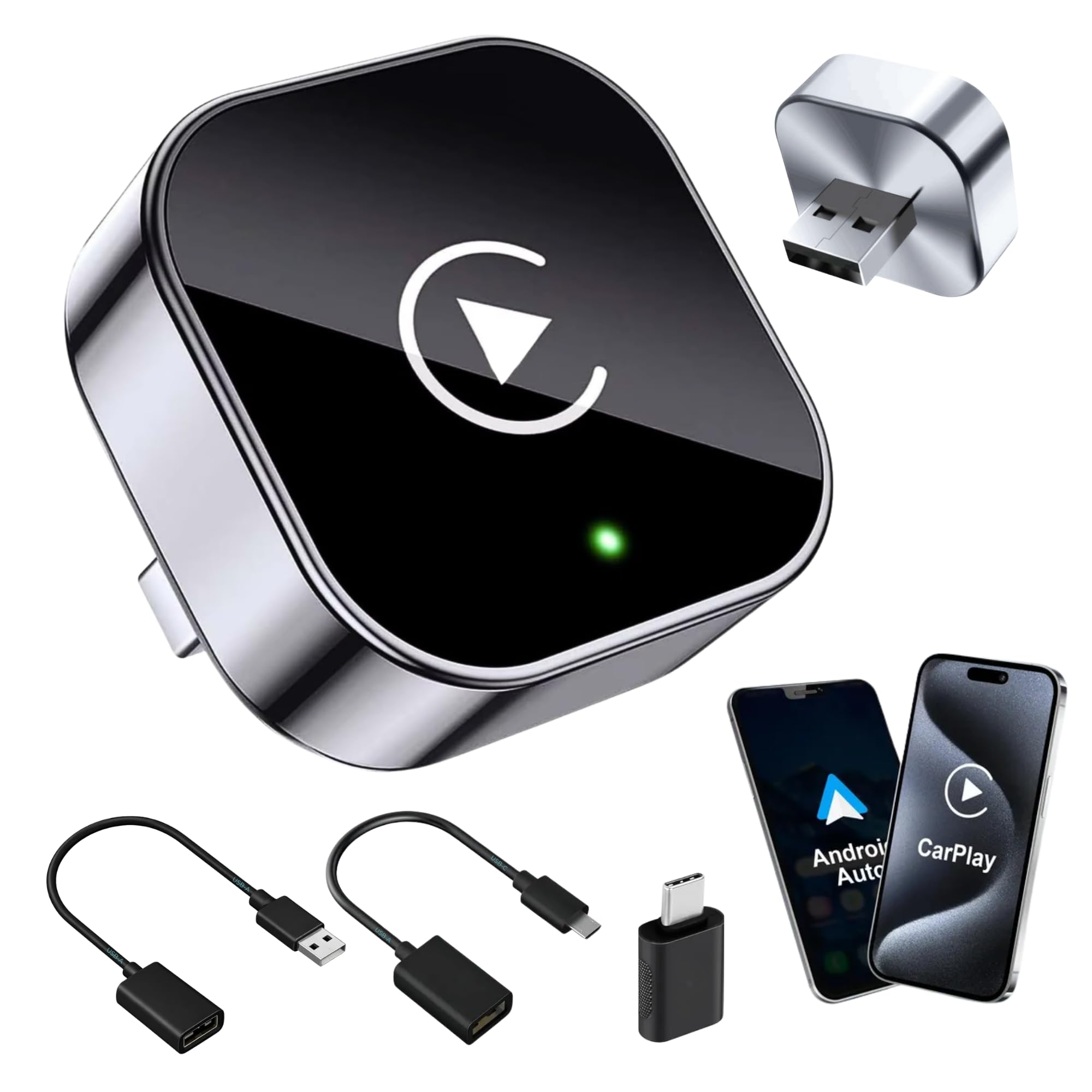 Carplay Inalambrico 2 en 1 (versión 2026) – Plug & Play USB, Reconexión ~3 s, Mini con USB-a/USB-c y Dongle Rígido para Puertos Difíciles – Apple & Android Auto Inalambrico