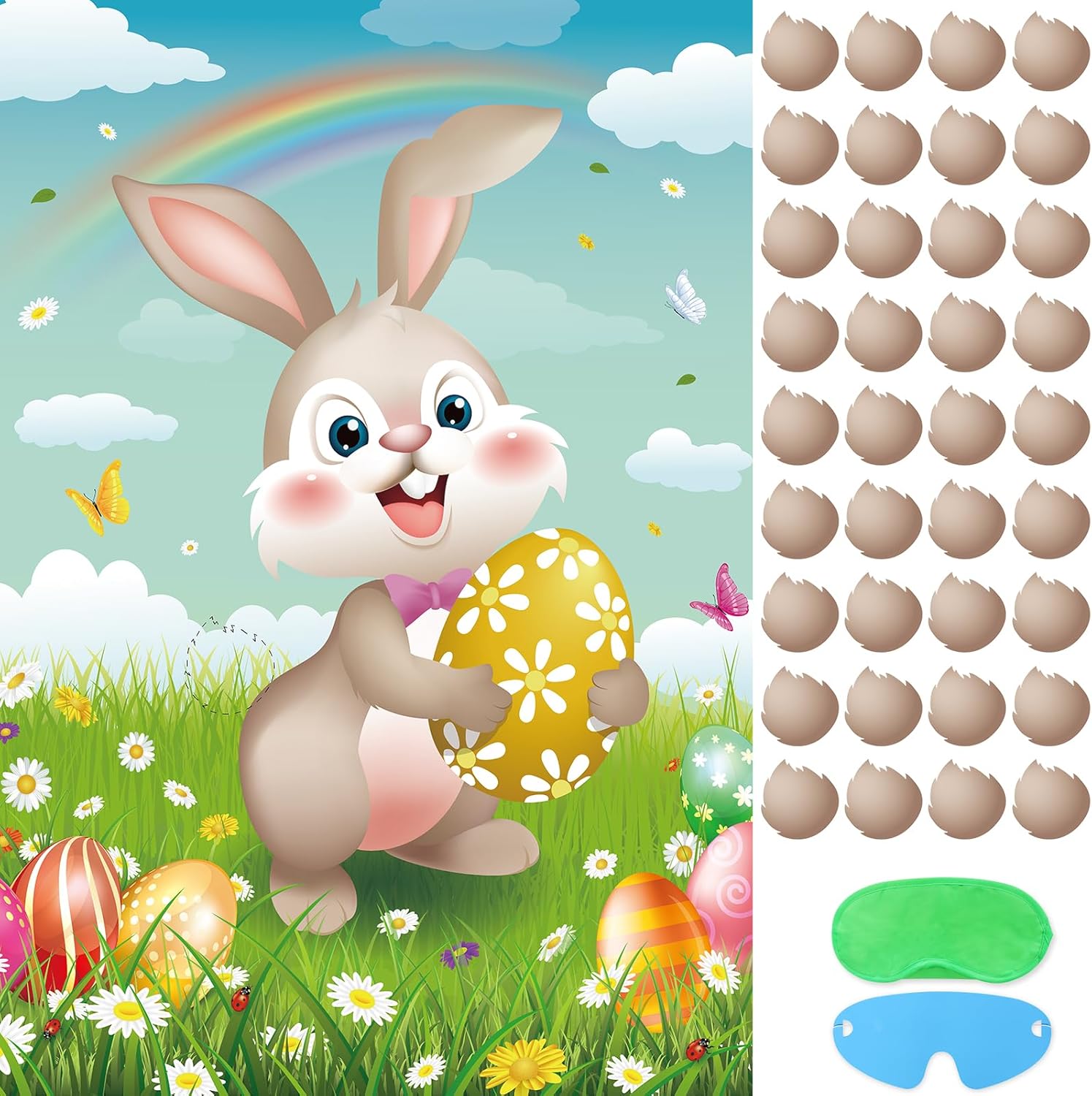 Pin The Tail on The Bunny Game with 36 Tail Stickers Happy Easter Party Game for Kids Easter Egg Hunt Activities, Large Bunny Game Poster for Happy Easter Party Decoration Supplies