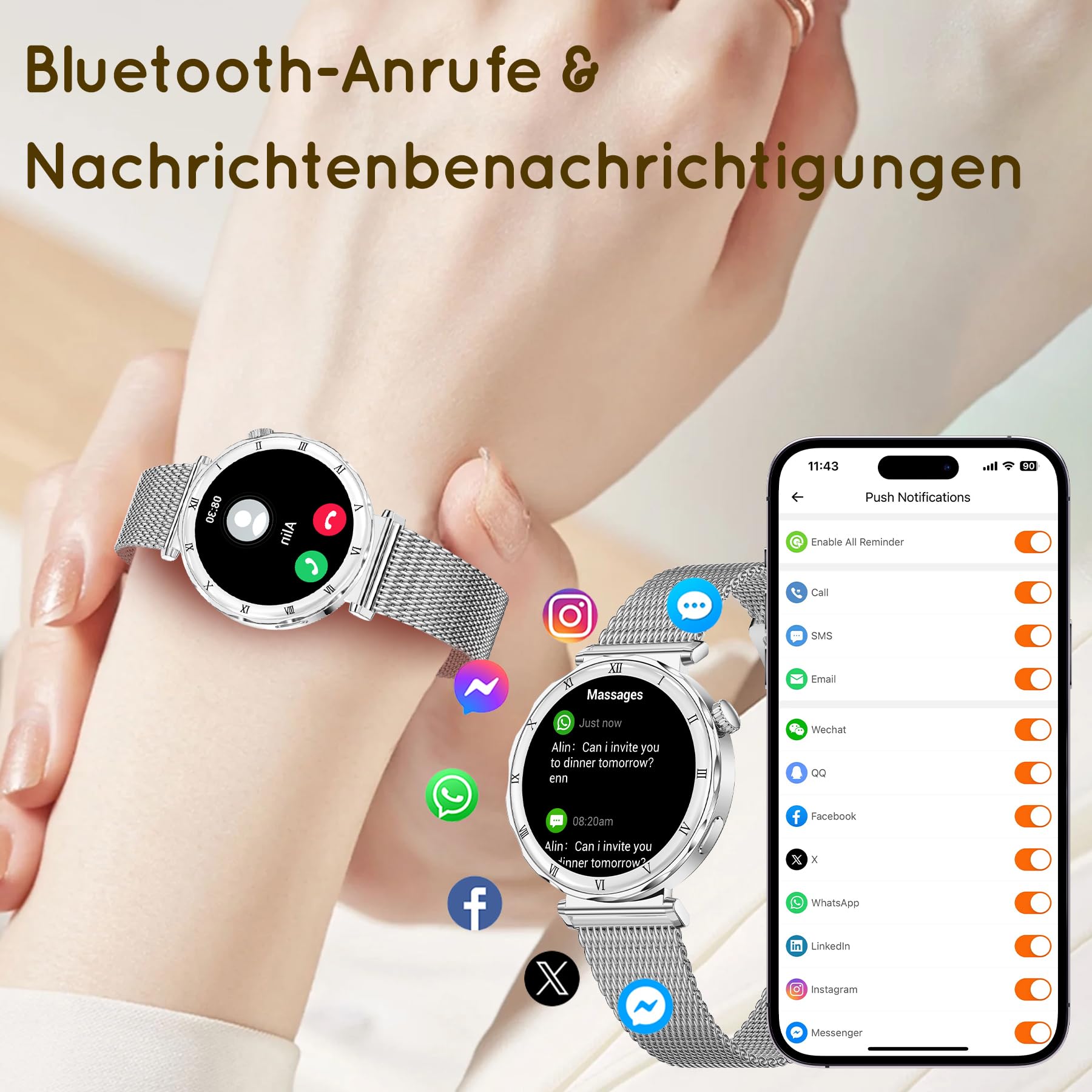 Smartwatch Damen Rund, AMOLED 1,19" Kleine Fitnessuhr mit Telefonfunktion, Schrittzähler, Herzfrequenz SpO2 Schlafmonitoring, 120+ Sportuhr, IP68-Wasserdicht für iOS Android, Silber/Zarte Geschenk