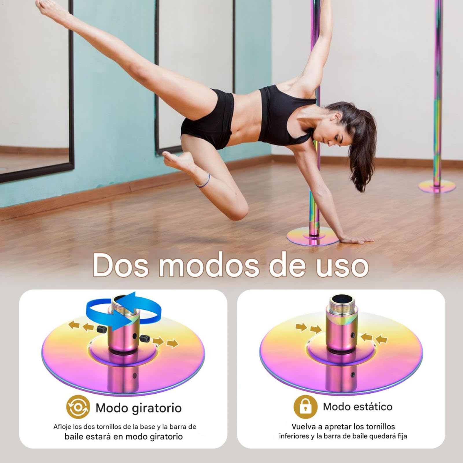 Palos Pole Dance Professionale Altezza Regolabile 223,5-274,5 cm 45 mm Rotante e Statico Portatile Nero/Multicolore