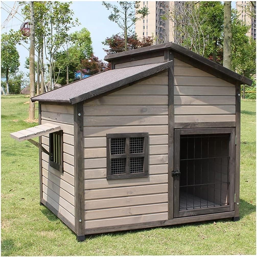 Outdoor Dog House, Wooden Raised Pet Kennel with Asphalt Roof, Front Door, Side Window, Porch for Medium/Large Dogs(Size:XX-Large)
