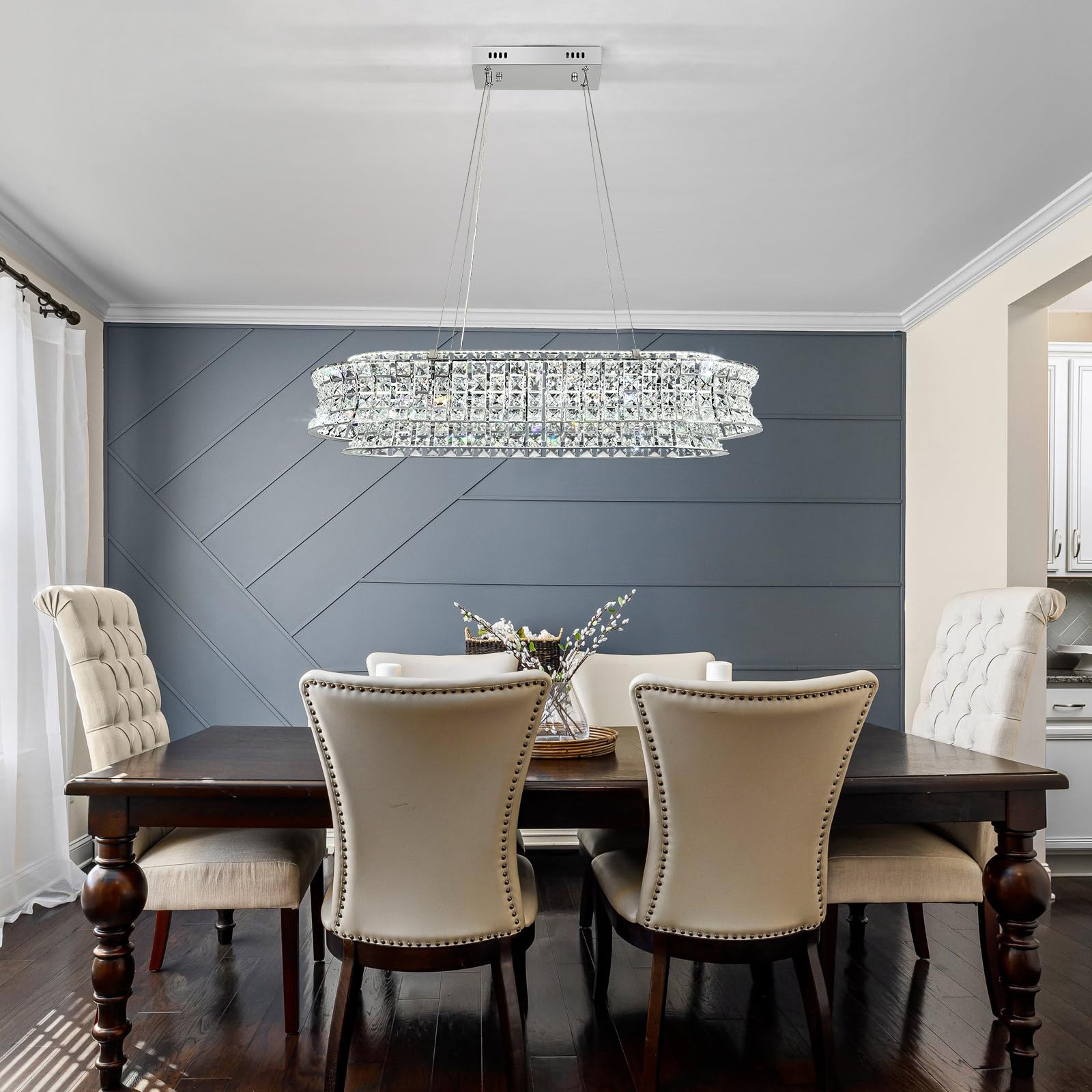 Lampadario moderno di cristallo per il soggiorno, luci a sospensione a LED cromate, lampada a sospensione ovale di cristallo per soggiorno, sala da pranzo, ristorante, 80 x 35cm