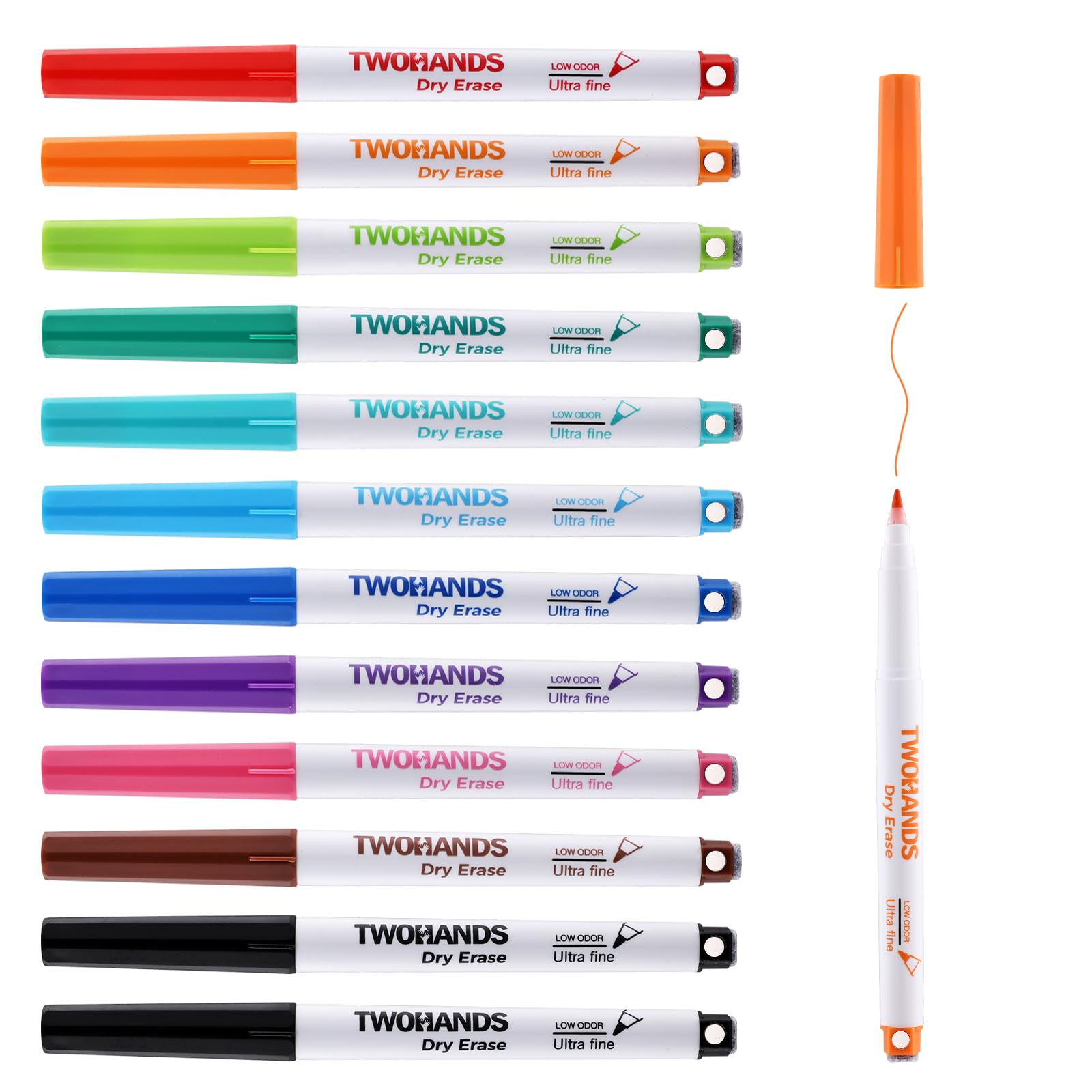 TWOHANDS Magnetic Whiteboard Pens Ultra Fine Tip, Dry Wipe Pens with Erasers, 0.7mm Extra Fine Point Whiteboard Markers, Assorted Colours, 12 Count, 20659