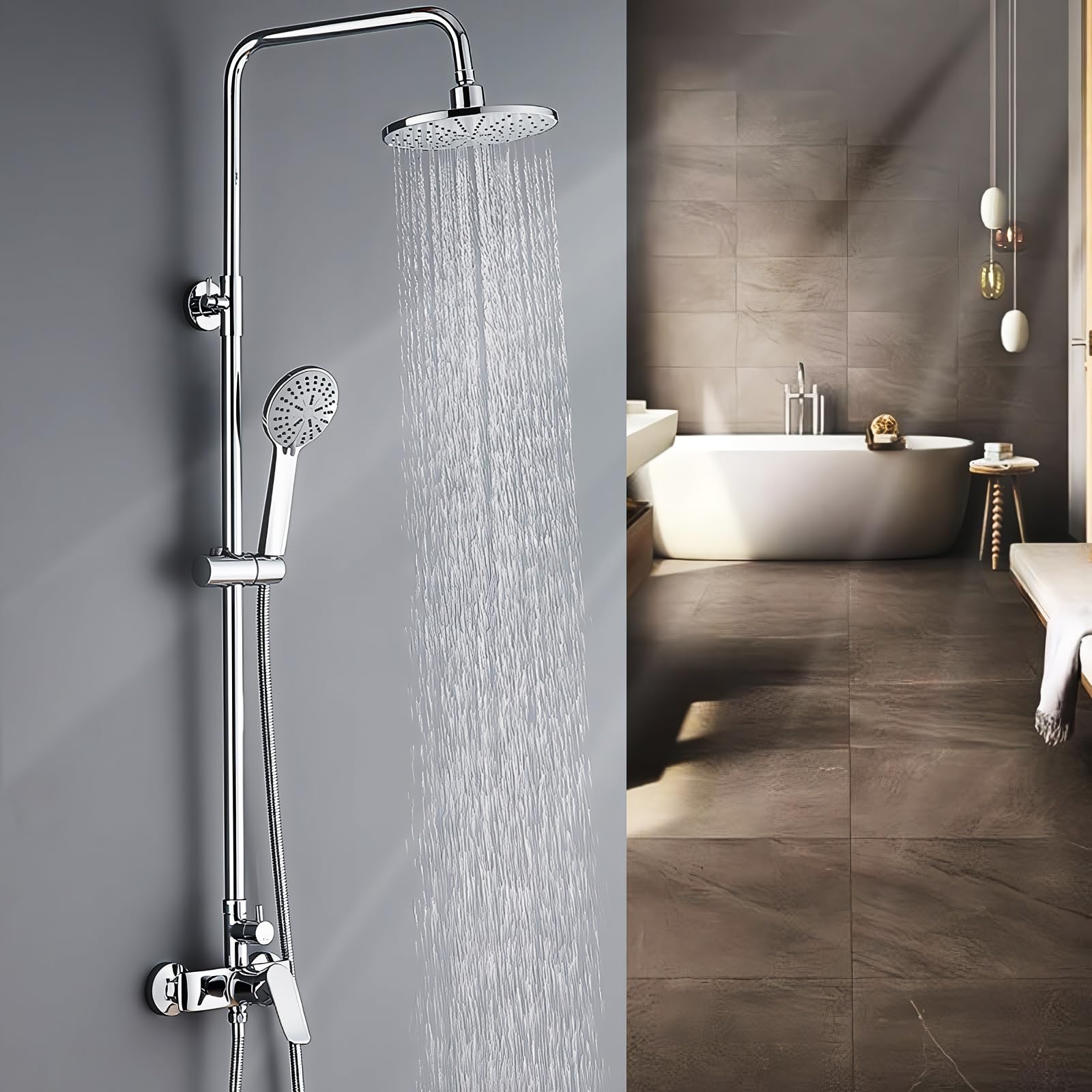Sistema Ducha con desviador (Ducha Mural Cuadrada 20 cm con 2 chorros y teleducha), tecnología Water Saving (Menos Consumo de Agua), Cromo