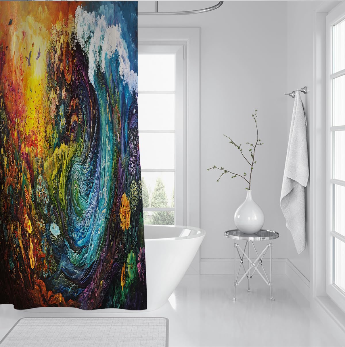 Rideau de Douche Vague d'Océan Tempête en Mer Abstraite Peinture Huile, Paysage Nature Marin Tourbillon Imperméable Séchage Rapide Polyester W200xL200 cm