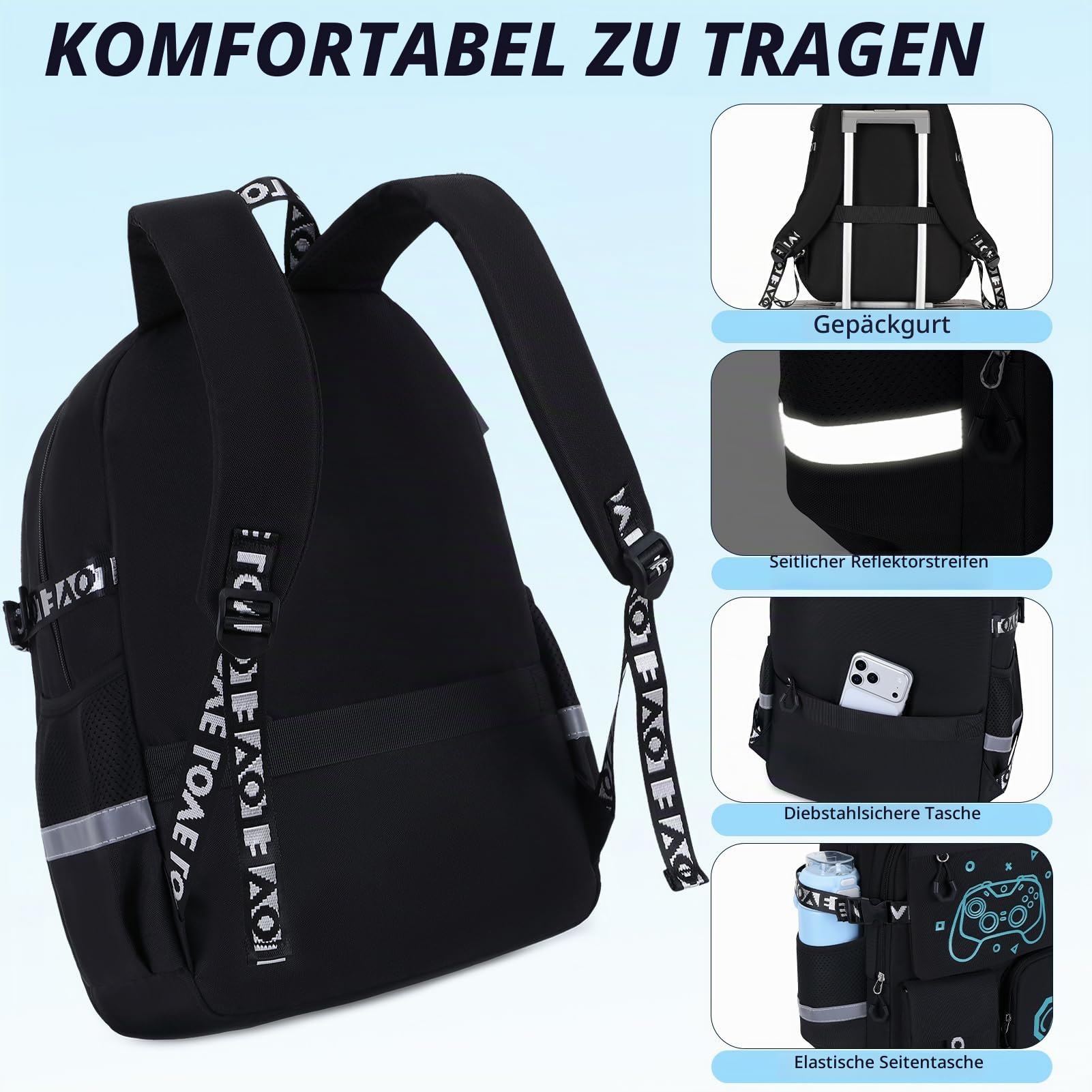 2-teiliges Set Schulrucksack Teenager mit Federmäppchen, Schulranzen für Jungen 3.-9. Klasse, Glow in the Dark Game Console Print, Wasserdicht Rucksack Kinder