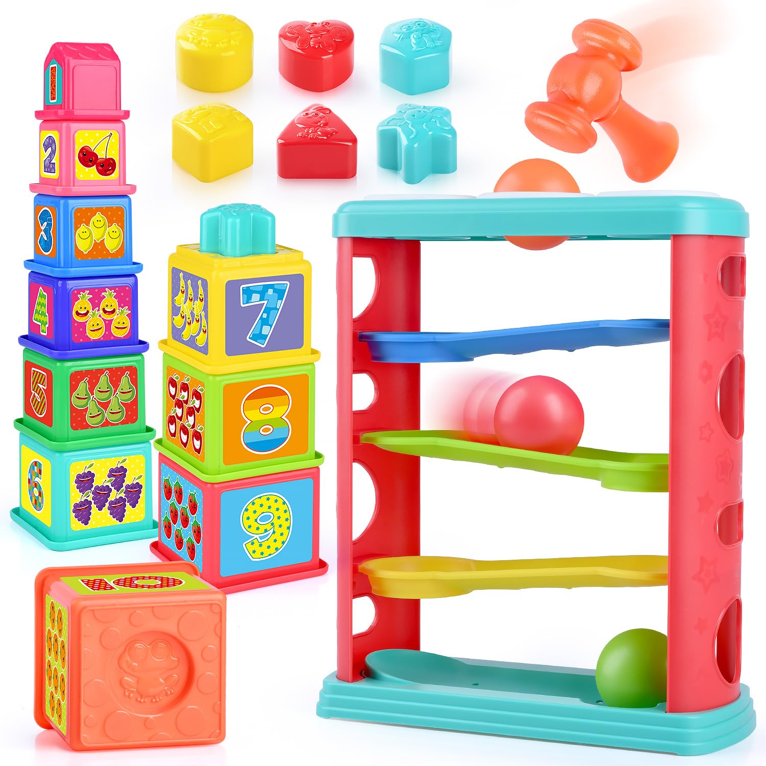 Pound a Ball Toy for Toddlers 1-3, Montessori Toys for Babies 12 18-24 Months, Hammer, Stacking Cups, Shape Sorter Blocks, Early Developmental Educational Toys for 1 2 3 Year Old Boys Girls Kids Gift