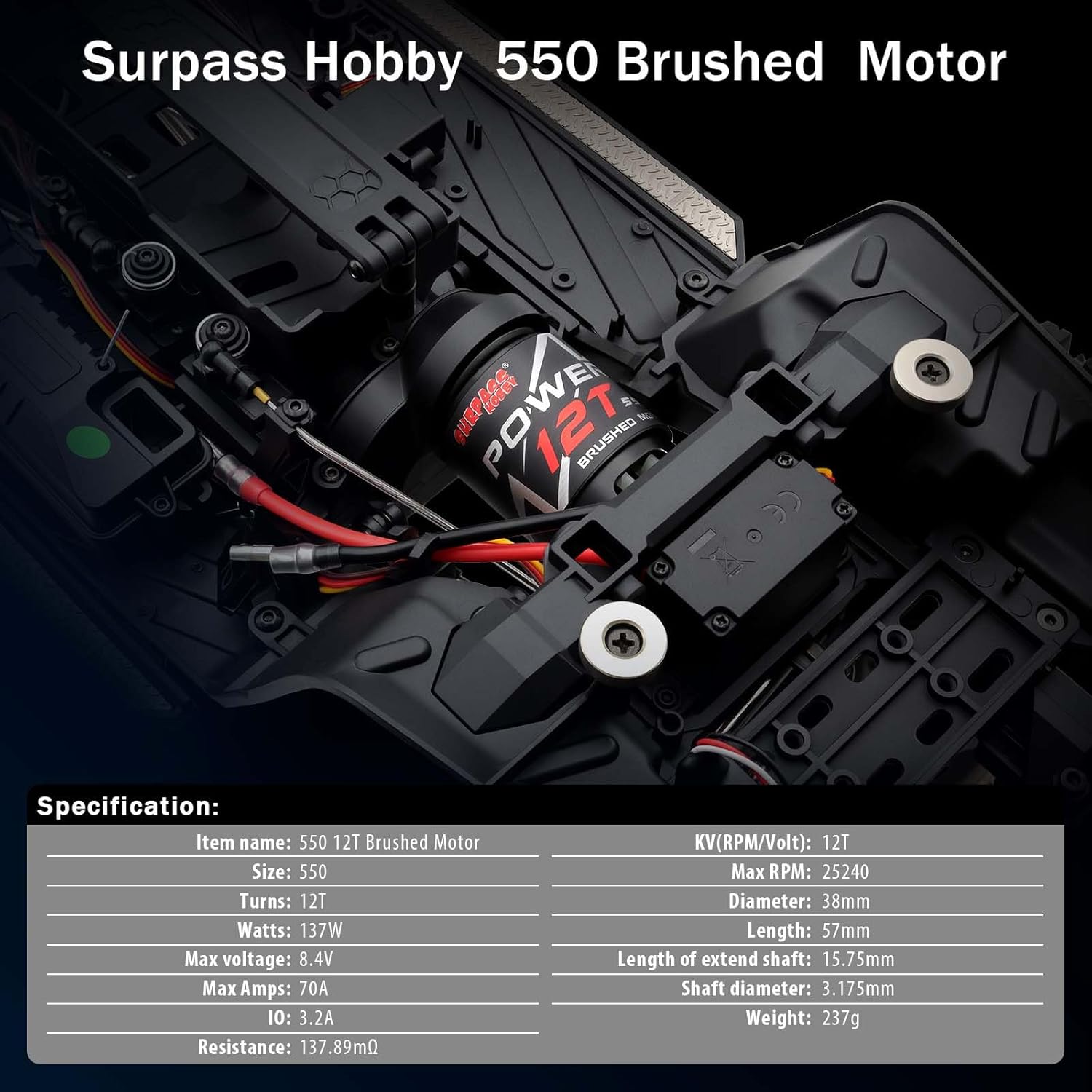 SurpassHobby 550 Brushed Motor for 1/10 Scale RC Truck Traxxas Redcat ARRMA AXIAL HSP HPI Wltoys Kyosho HELION (12T)