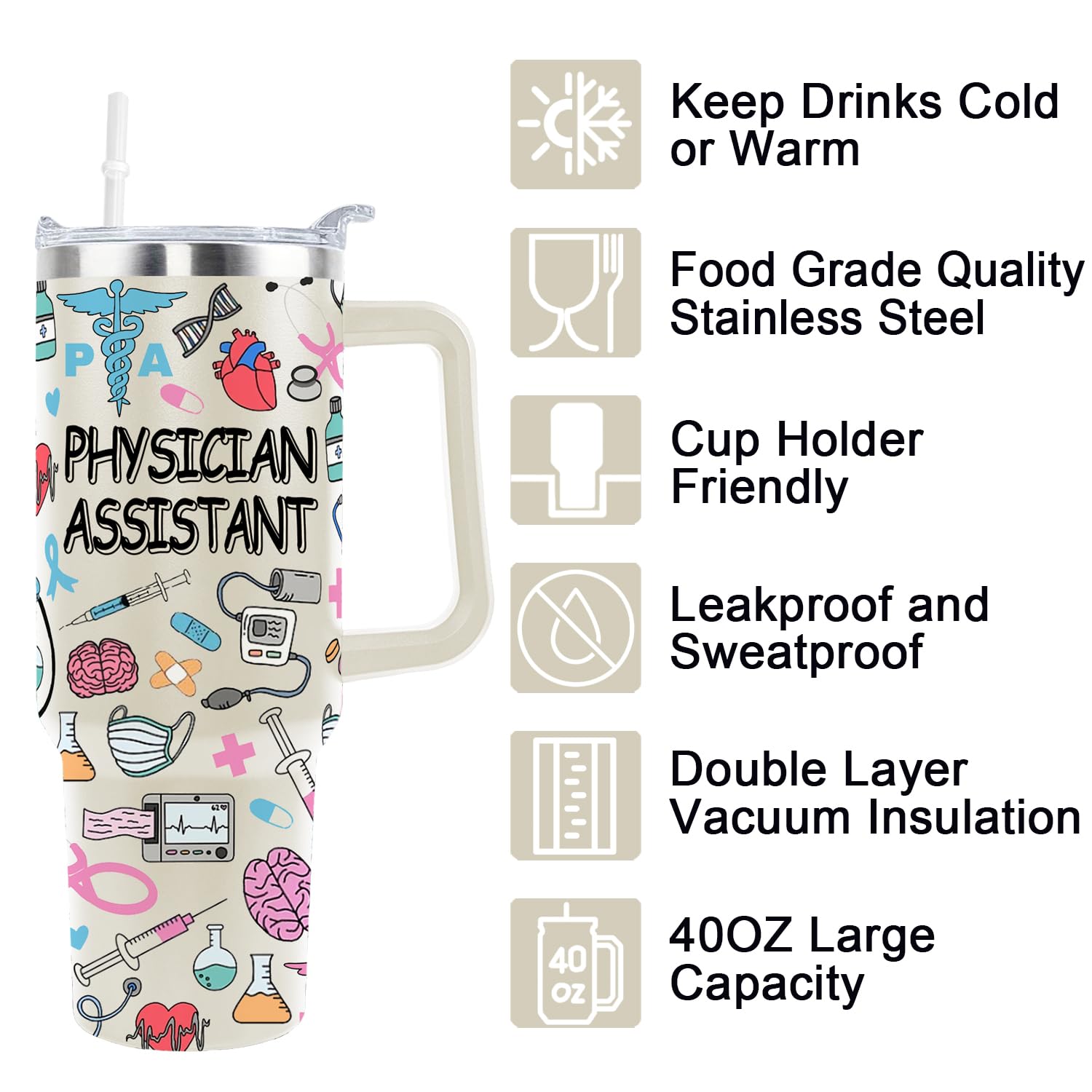 40 Oz Physician Assistant Tumbler Physician Assistant Gifts Stainless Steel Insulated Physician Assistant Travel Cup with Handle PA Physician Assistant Week Gifts for Women Men
