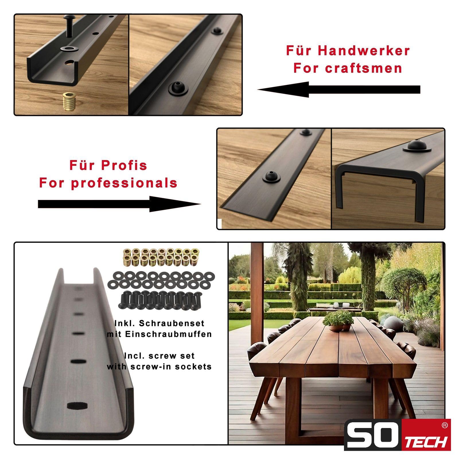 SOTECH Molduras de cumbrera 60 x 4 x 2 cm 3 piezas Acero en forma de U | en aspecto industrial para tableros de mesa / incl. tornillos de fijación y casquillos para atornillar Perfil de refuerzo