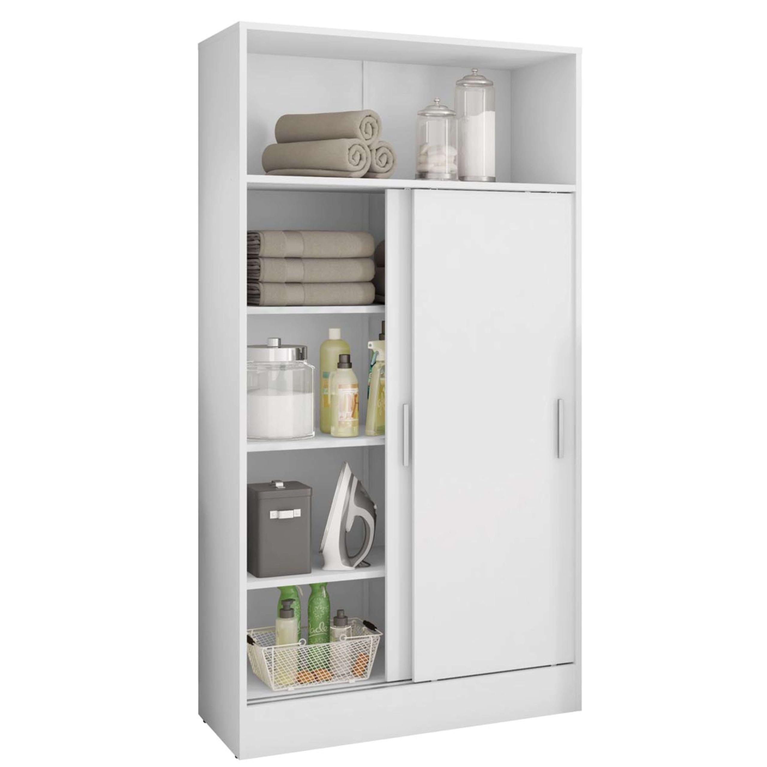 Miroytengo Armario Auxiliar para Baño Multiusos con 2 Puertas Correderas en Melamina Color Blanco 81x157 cm
